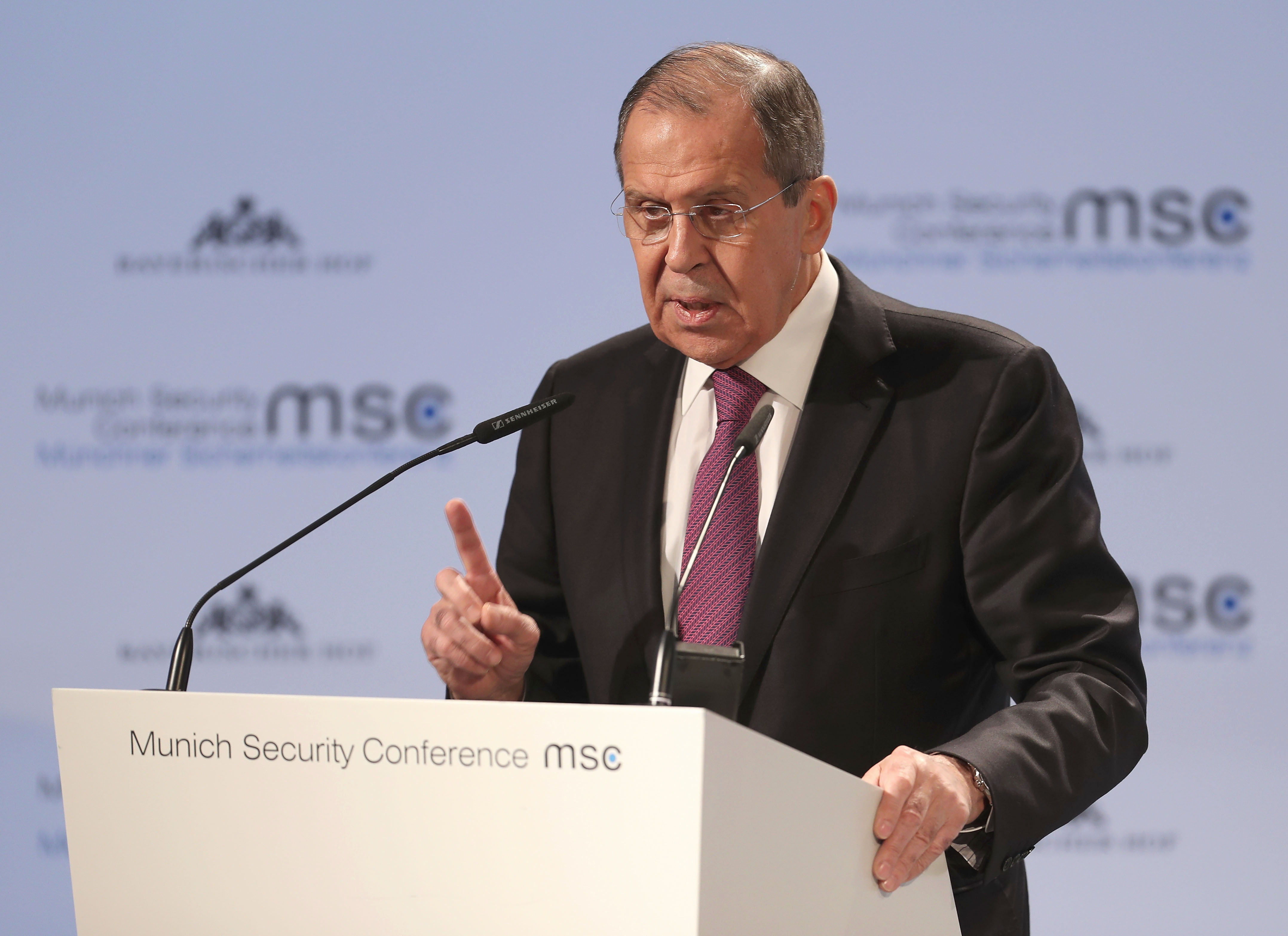 Russia's Foreign Minister Sergey Lavrov speaks at the Munich Security Conference on February 16 in Munich, Germany. 