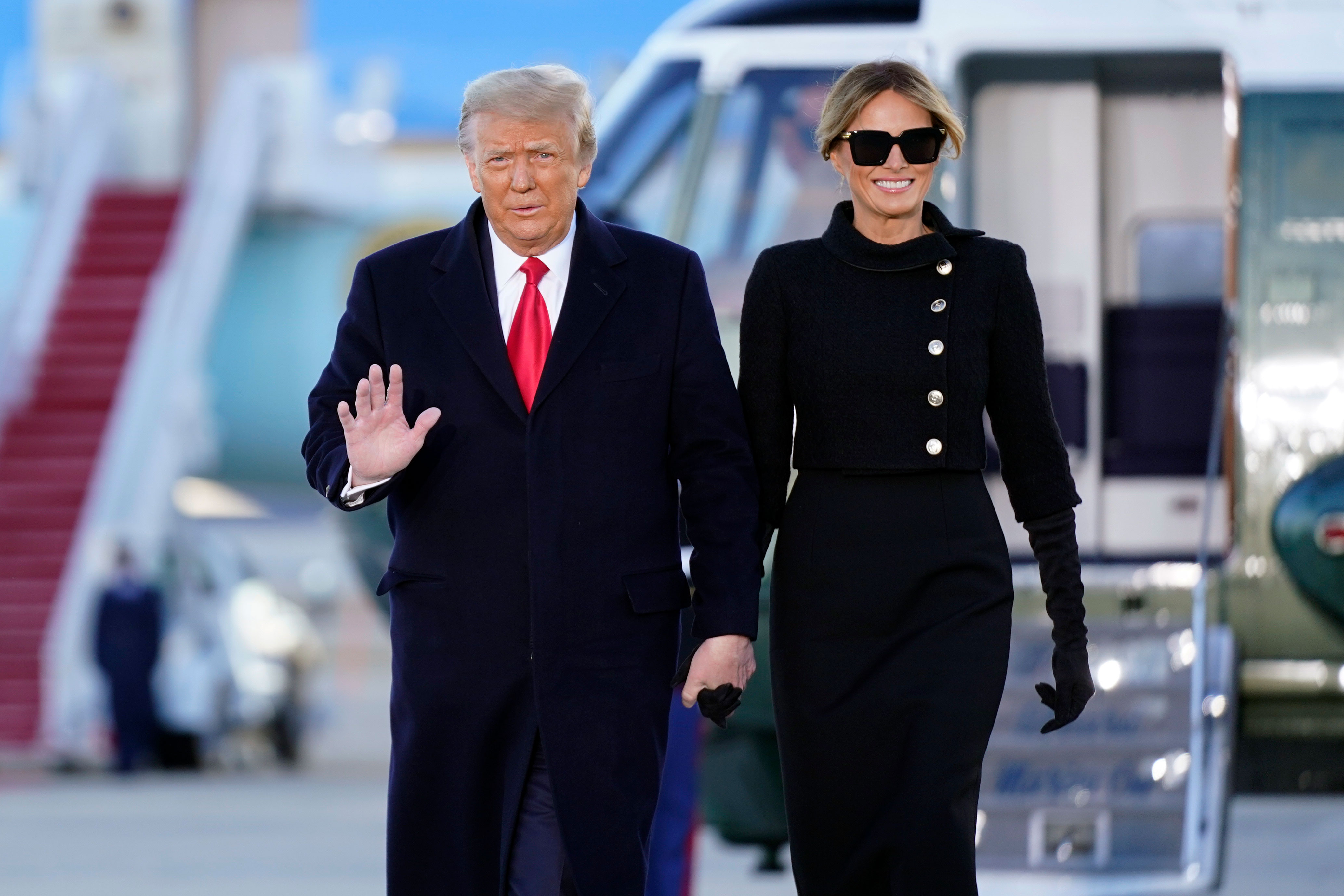 President Donald Trump and first lady Melania Trump arrive at Joint Base Andrews in Maryland on January 20.