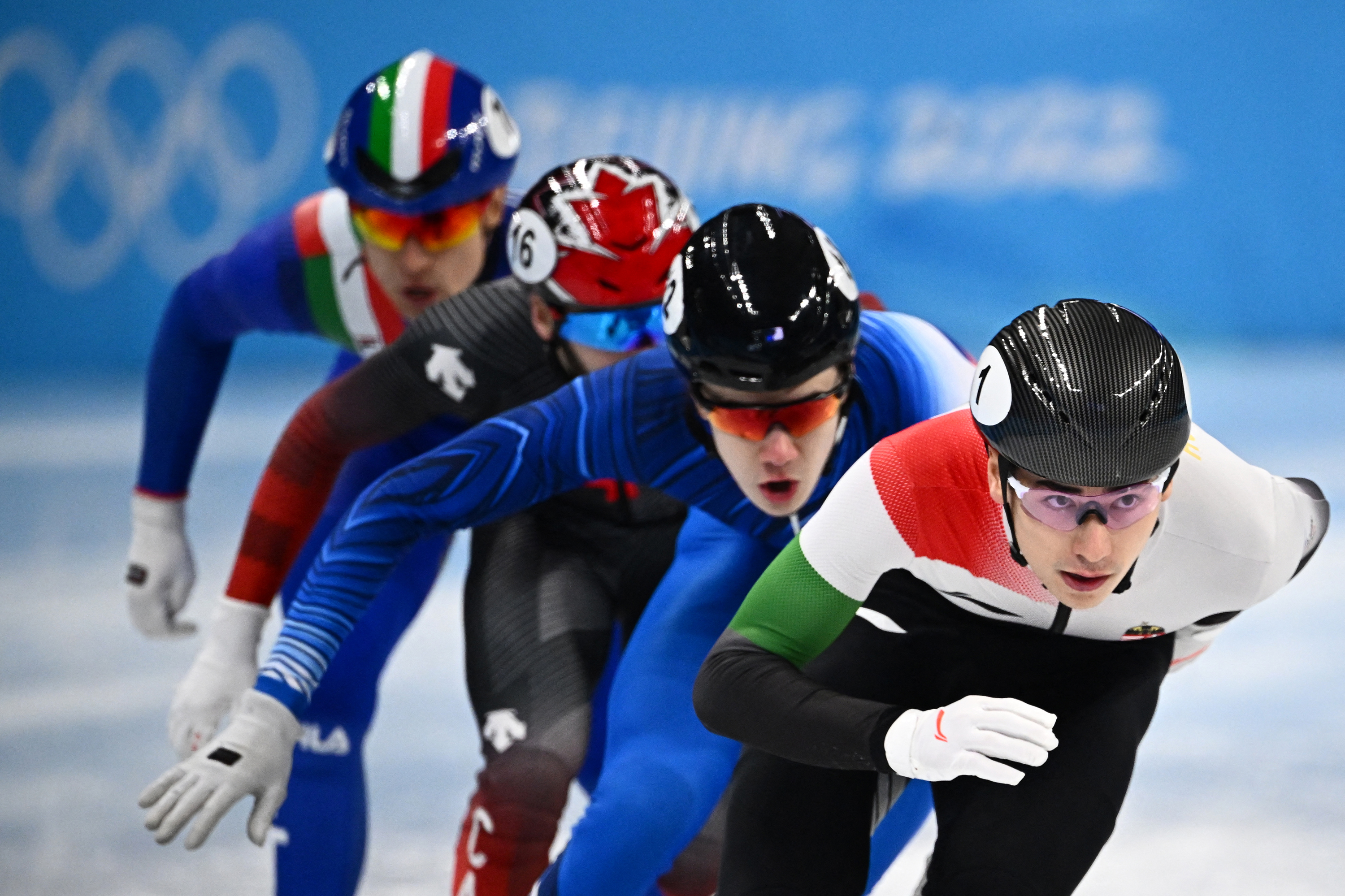 Hungary's Shaoang Liu leads in the men's 500m short track speed skating event on February 13. 