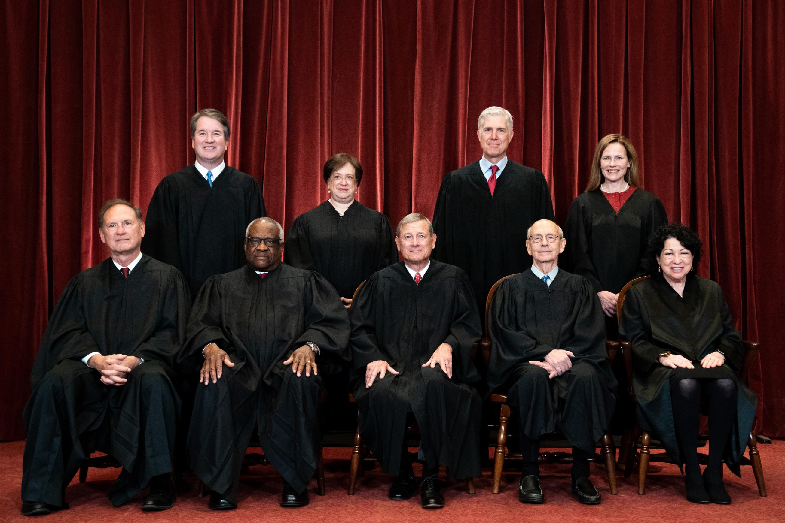 Members of the Supreme Court pose for a group photo in Washington, DC on April 23, 2021. 