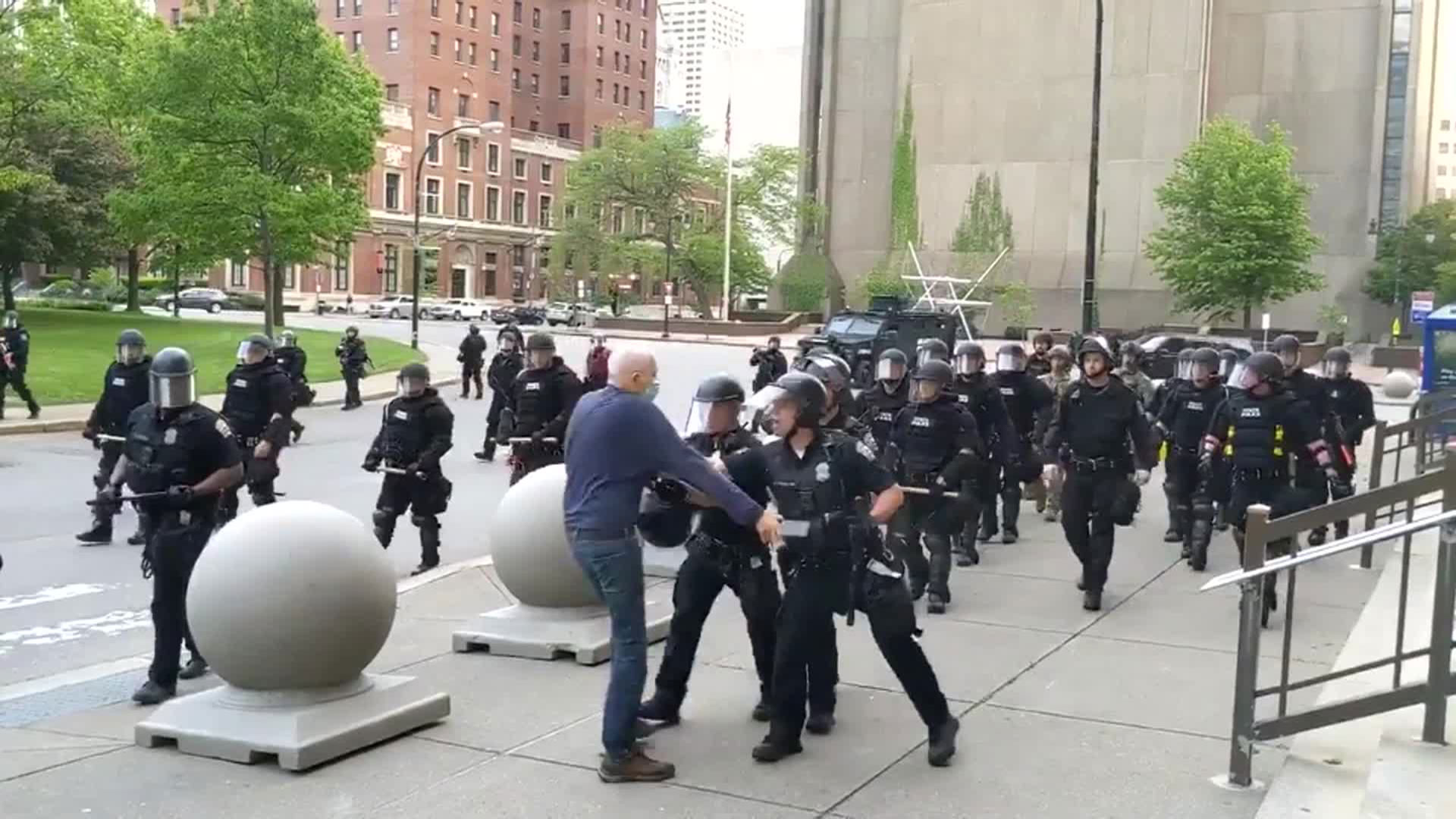Martin Gugino is shoved by Buffalo Police Officers during a protest in Buffalo, New York, on June 4.