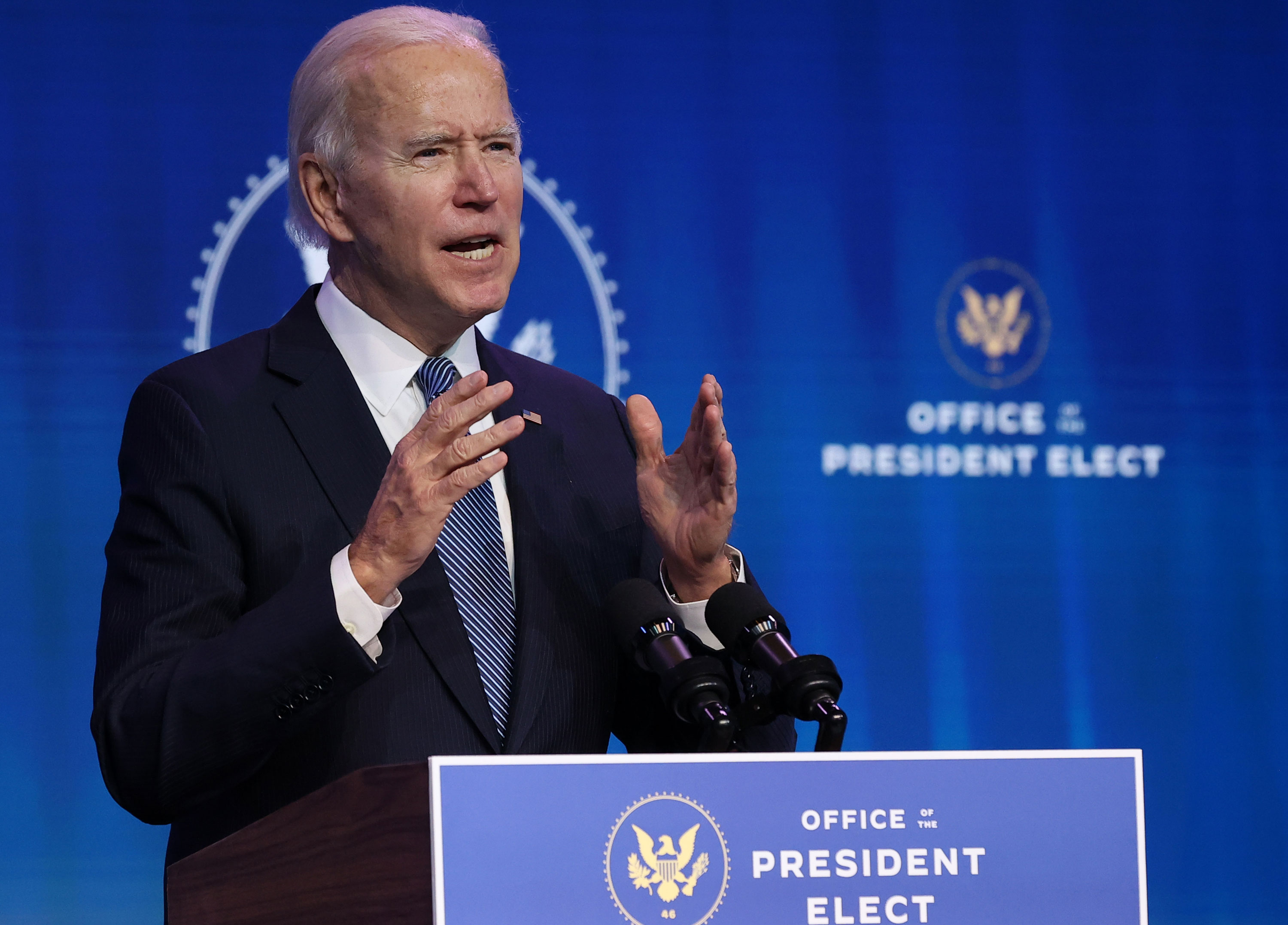 President-elect Joe Biden delivers remarks at The Queen theater on January 7 in Wilmington, Delaware. 