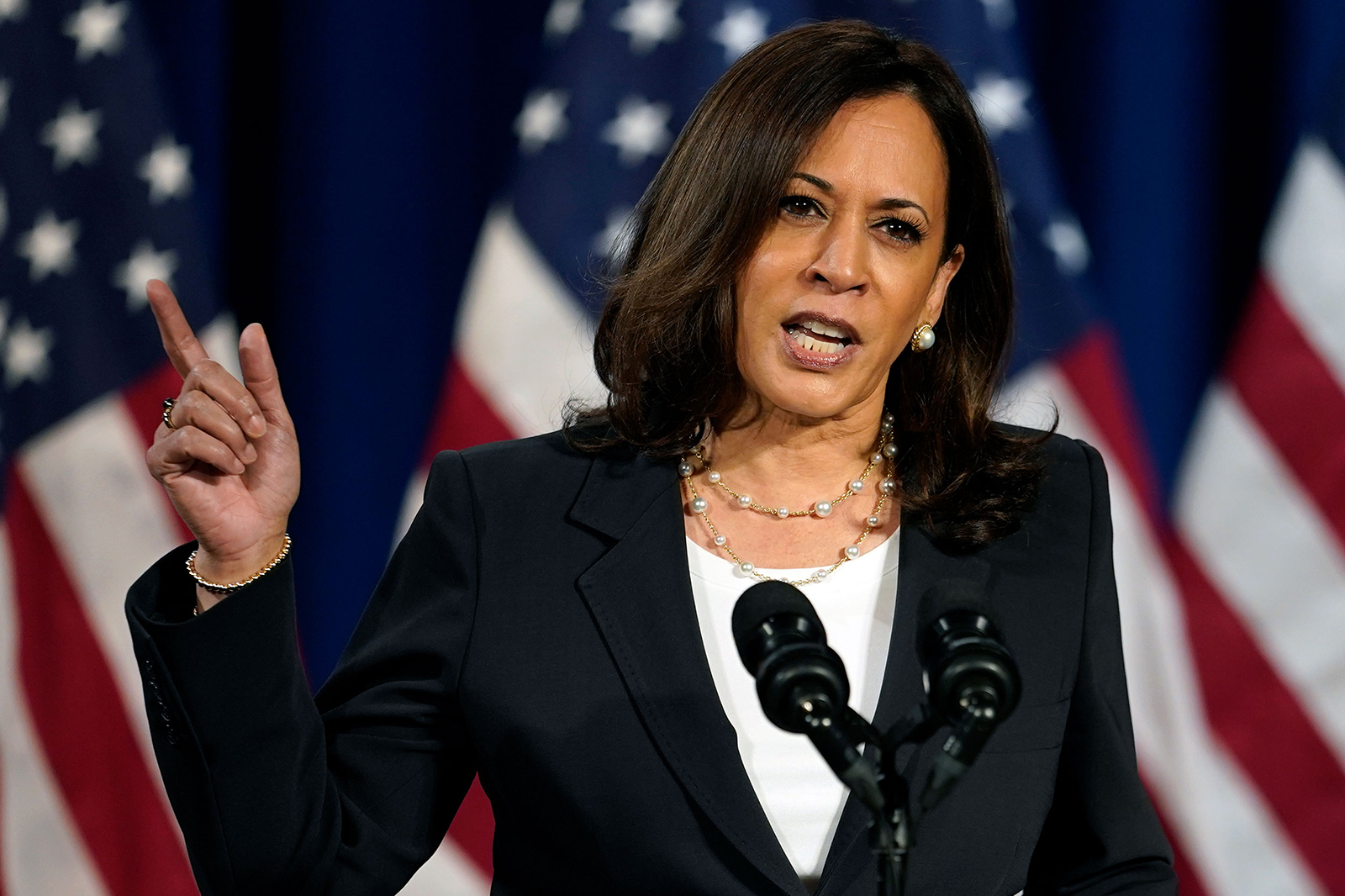 Democratic vice presidential candidate Sen. Kamala Harris speaks in Washington on Thursday. 