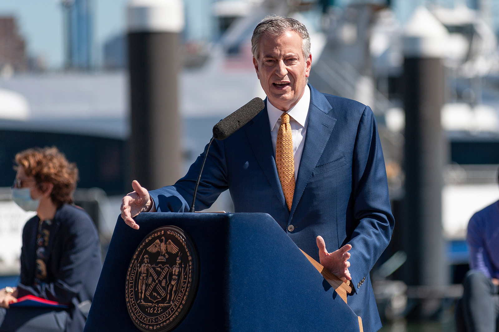 Mayor Bill de Blasio speaks at a press conference at the Brooklyn Navy Yards in Brooklyn, New York, on Monday, June 8.