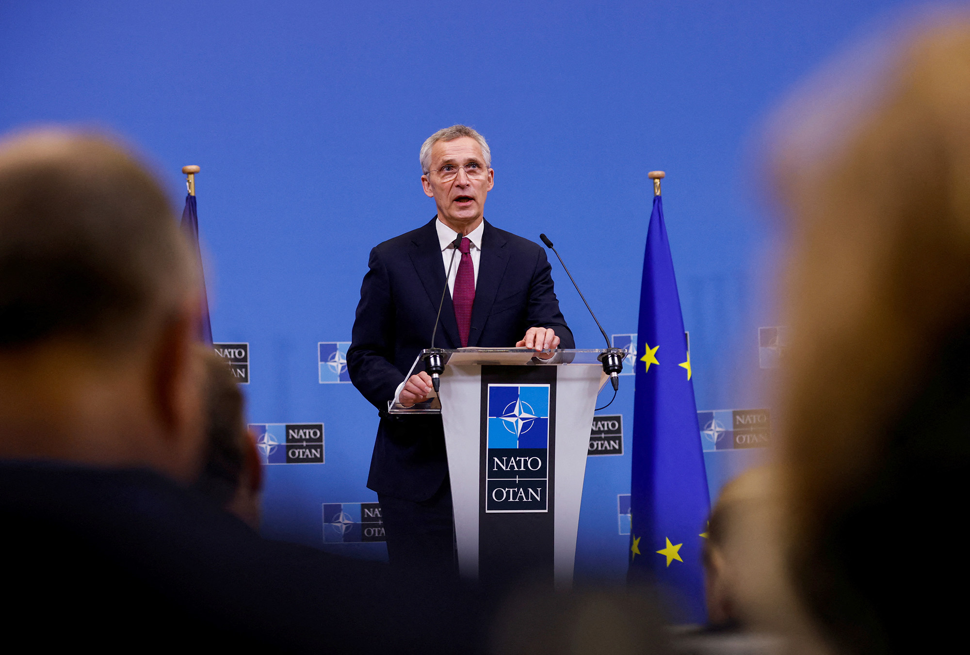 NATO Secretary General Jens Stoltenberg attends a news conference at the Alliance's headquarters in Brussels, Belgium, on February 21.