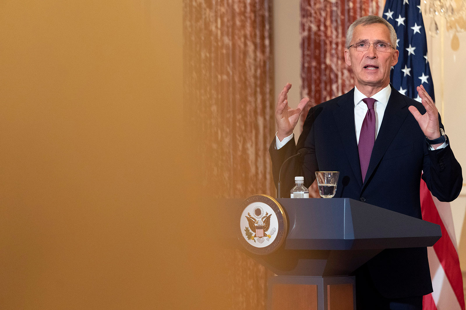 NATO Secretary General Jens Stoltenberg answers a reporter's question on Wednesday, June 1, during a news conference with US Secretary of State Antony Blinken, at the State Department in Washington, DC. 