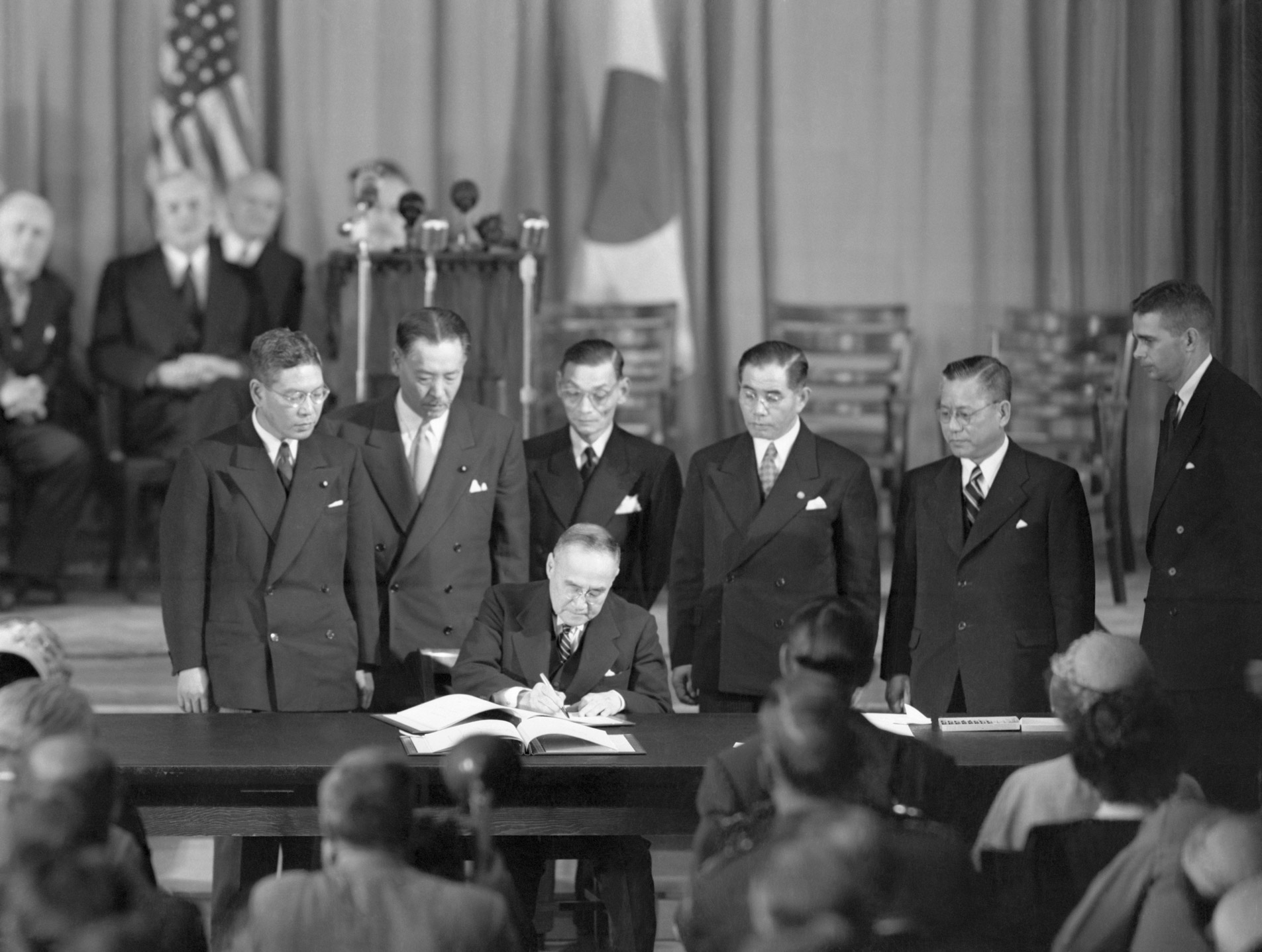 Shigeru Yoshida, Prime Minister of Japan, signs the Bilateral Security Treaty with the United States in San Francisco, on Sept. 8, 1951.
