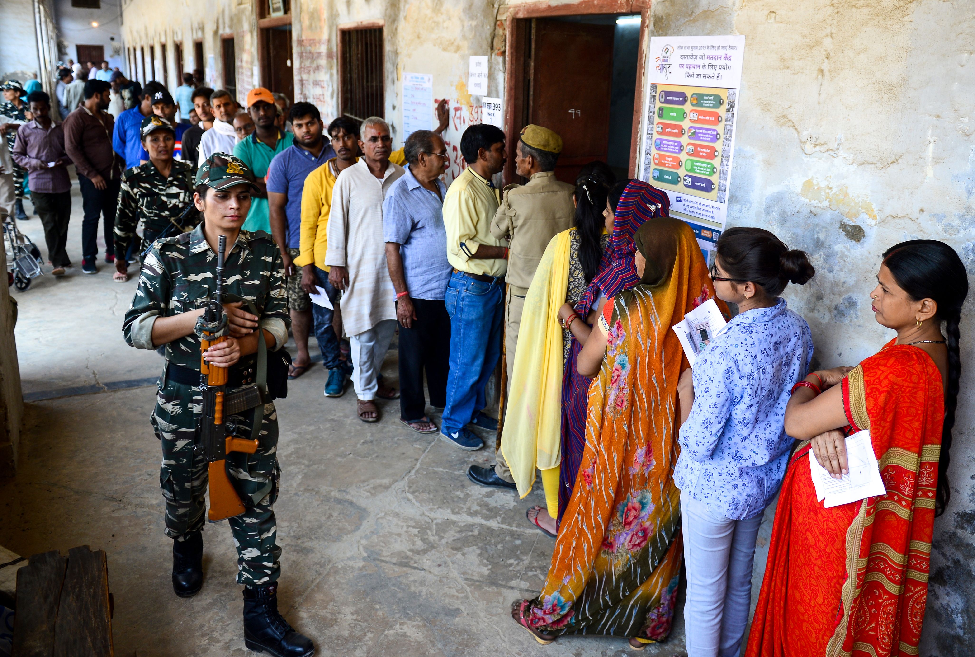 The Indian army is helping to guard polling stations in Allahabad, Uttar Pradesh. 