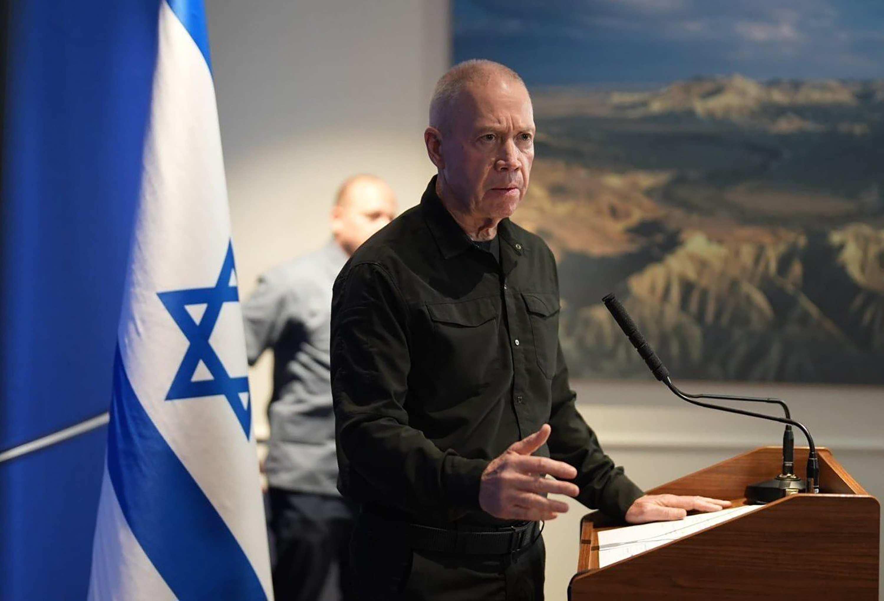 Israeli Defense Minister Yoav Gallant speak during a press conference in Tel Aviv, Israel on October 25.
