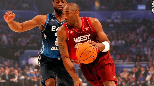 Kobe Bryant drives against Dwyane Wade during the 2012 NBA All-Star Game.