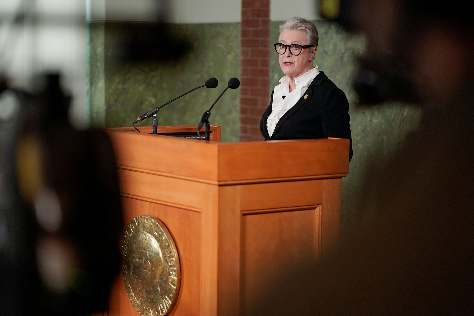 Berit Reiss-Andersen, chair of the Nobel Peace Prize Committee, speaks during a press conference to announce the winner of the 2022 Nobel Peace Prize at the Norwegian Nobel Institute in Oslo, on October 7.