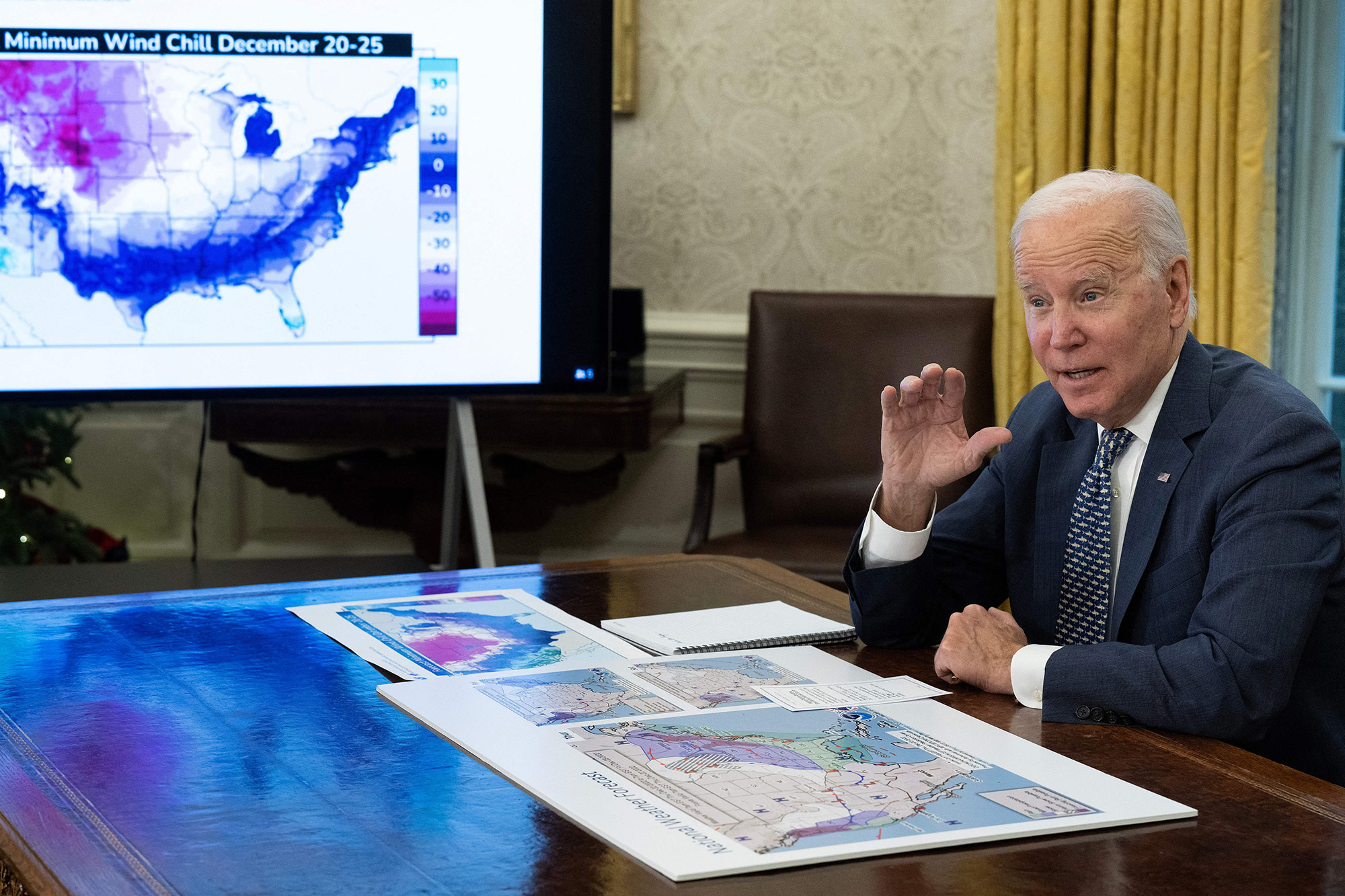 President Joe Biden speaks during a briefing on the winter storm system traversing the US and the expected impacts, in Washington, DC, on December 22.