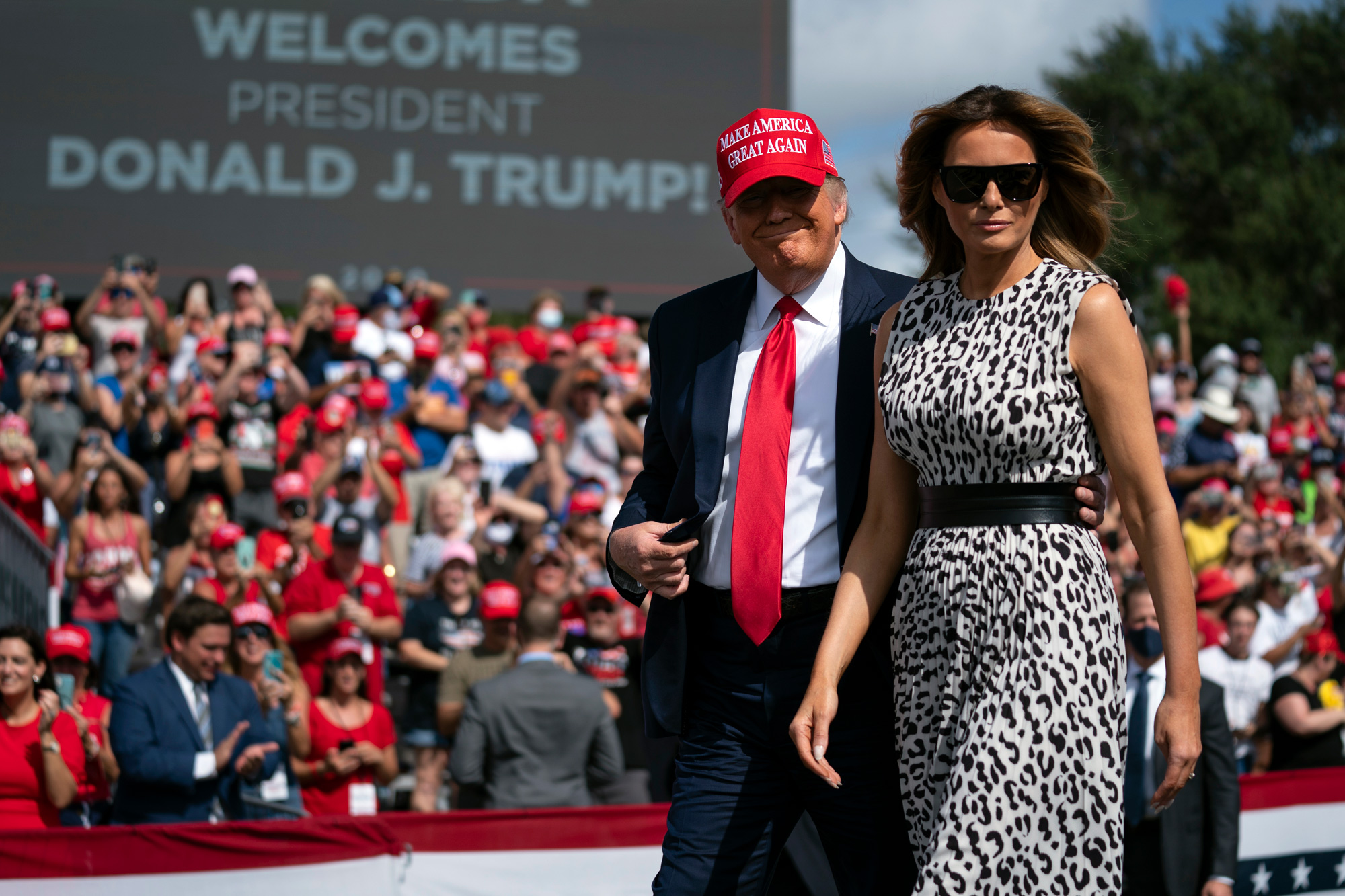 President Donald Trump and first lady Melania Trump arrive for a campaign rally outside Raymond James Stadium on October 29 in Tampa.