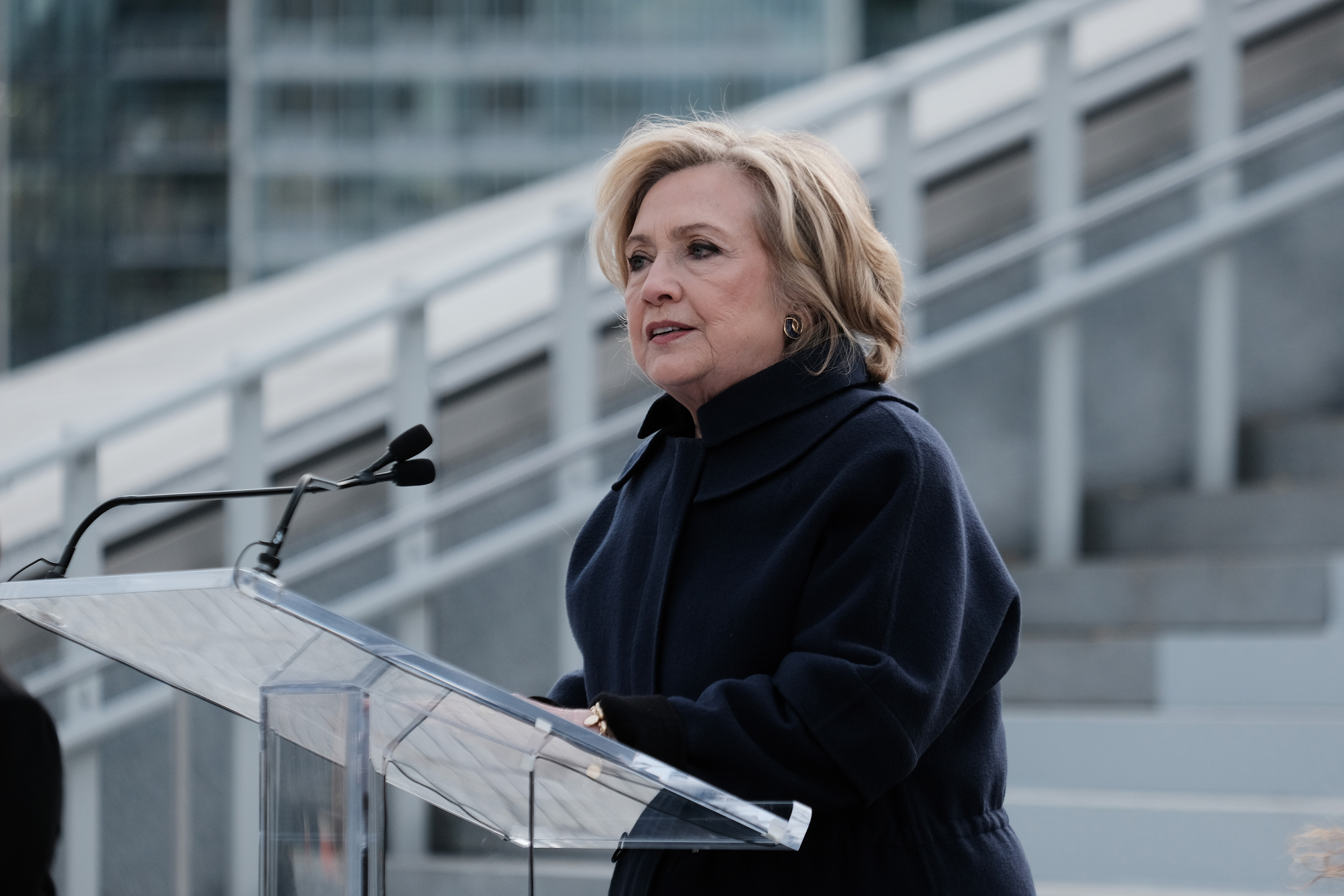 Former US Secretary of State Hillary Clinton speaks at the opening of the Eyes on Iran art exhibition at Roosevelt Island's FDR Four Freedoms State Park on November 28, in New York.