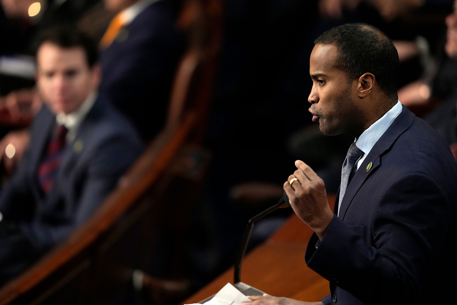 US Rep. John James, a Republican from Michigan, nominated McCarthy for the seventh vote. James made a plea for unity in his nomination speech, saying, the "issues that divide us today are much less severe that they were in 1856; in fact, there's far more that unite us, than divide us, regardless of our political party of ideology."