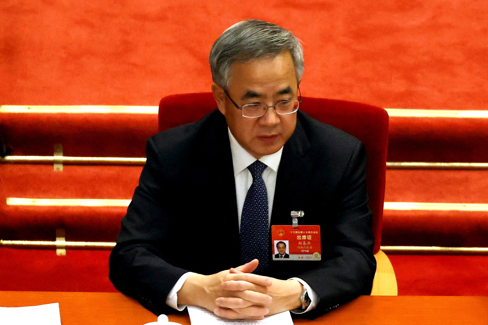 Hu Chunhua at the Great Hall of the People in Beijing on March, 2021.
