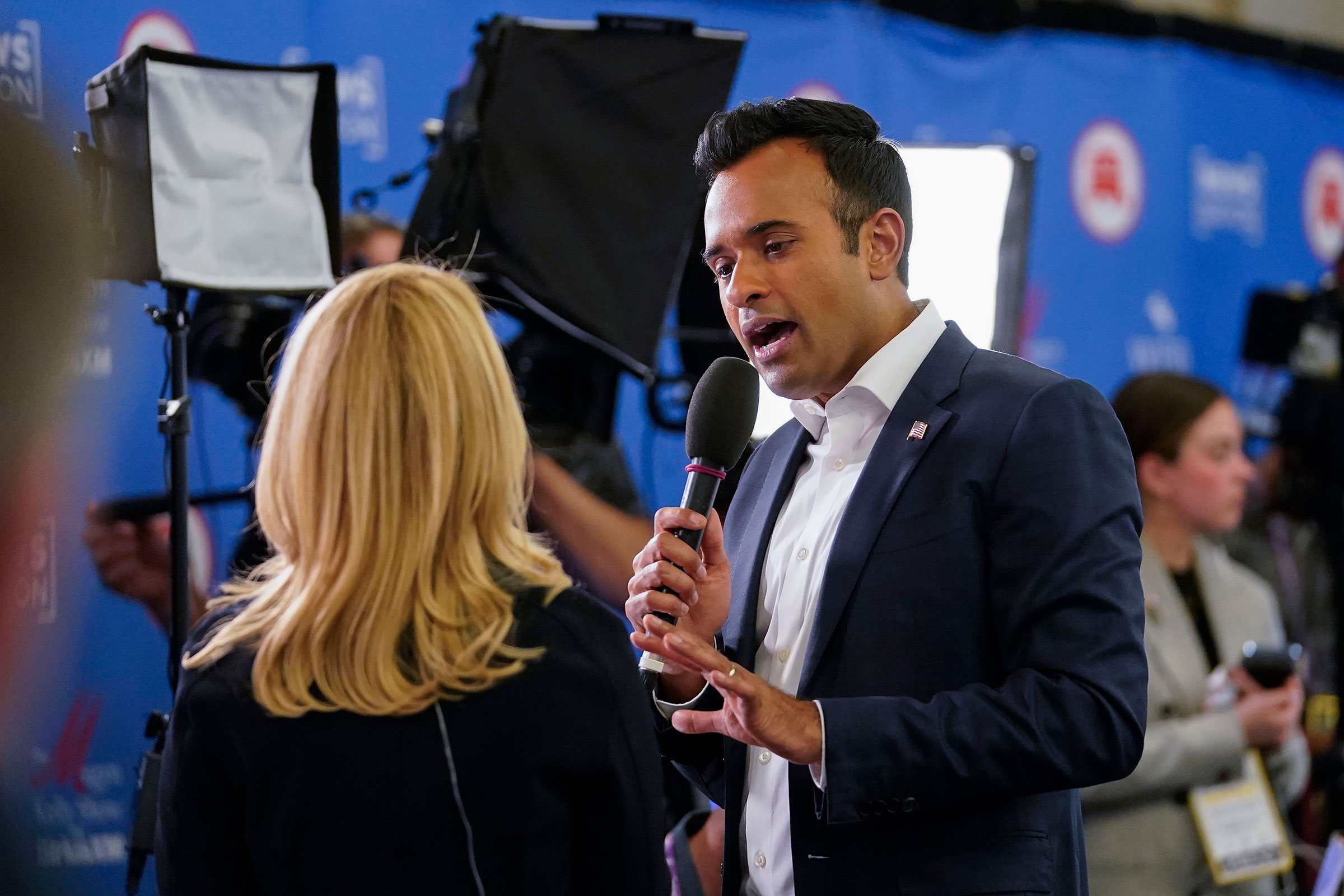 Vivek Ramaswamy, right, speaks with CNN's chief political correspondent Dana Bash, left, in the Spin Room after the Republican presidential primary debate hosted by NewsNation on Wednesday, December 6, in Tuscaloosa, Alabama.