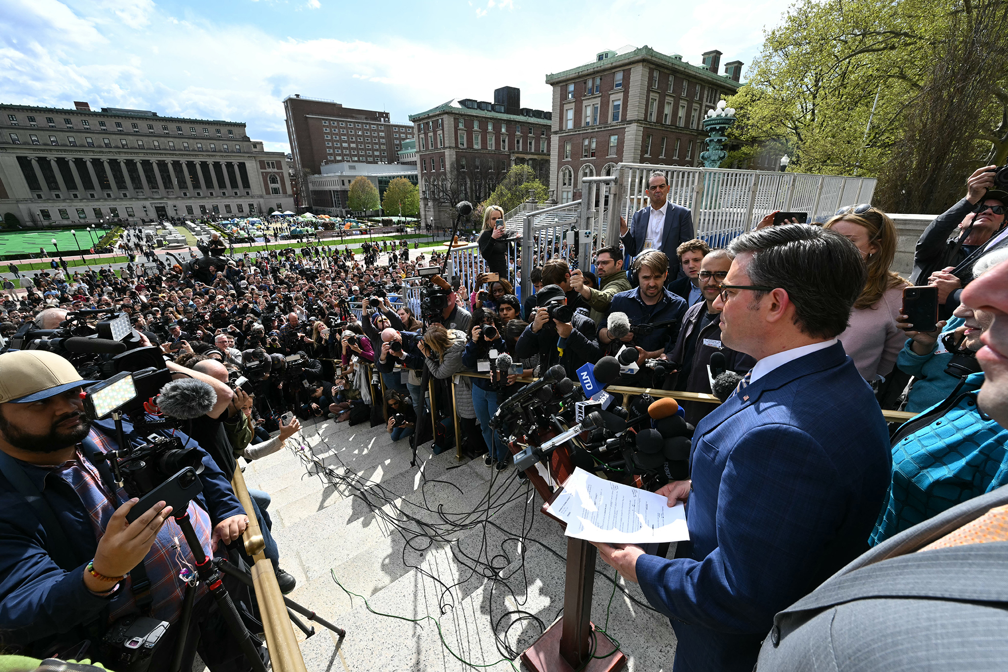 US Speaker of the House Mike Johnson speaks to the media after meeting with Jewish students, as Pro-Palestinian students and activists continue to protest the Israel-Hamas war on the campus of Columbia University in New York City on April 24. Timothy A. Clary/AFP/Getty Images
