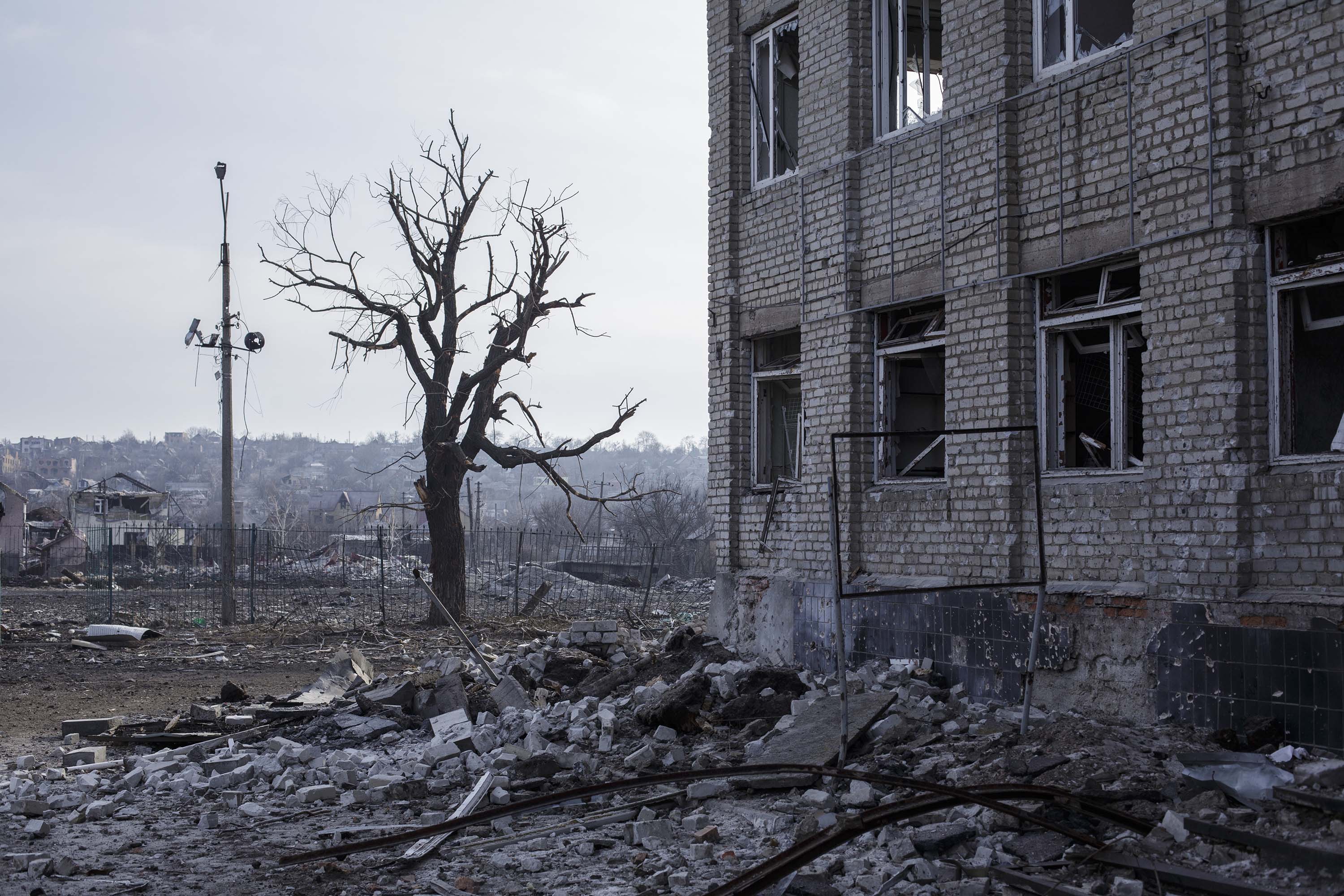 Damage is seen after attacks in Bakhmut, Ukraine, on February 24. 