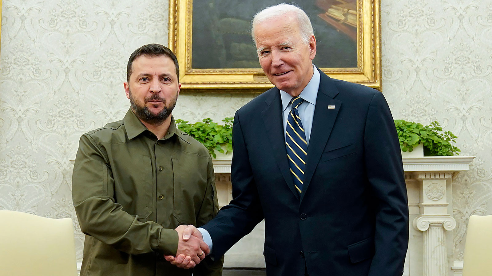 President Joe Biden shakes hands with Ukrainian President Volodymyr Zelensky as they meet in the Oval Office of the White House, Thursday, September 21, 2023, in Washington, DC. 
