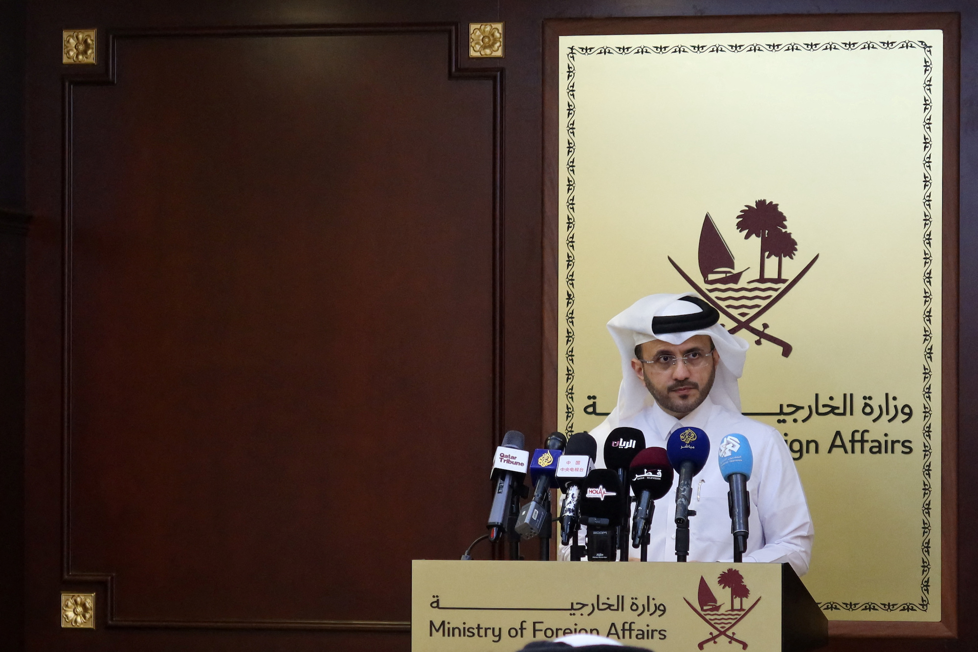 Majed Al-Ansari, Qatar's foreign ministry spokesperson, holds a weekly briefing in Doha.