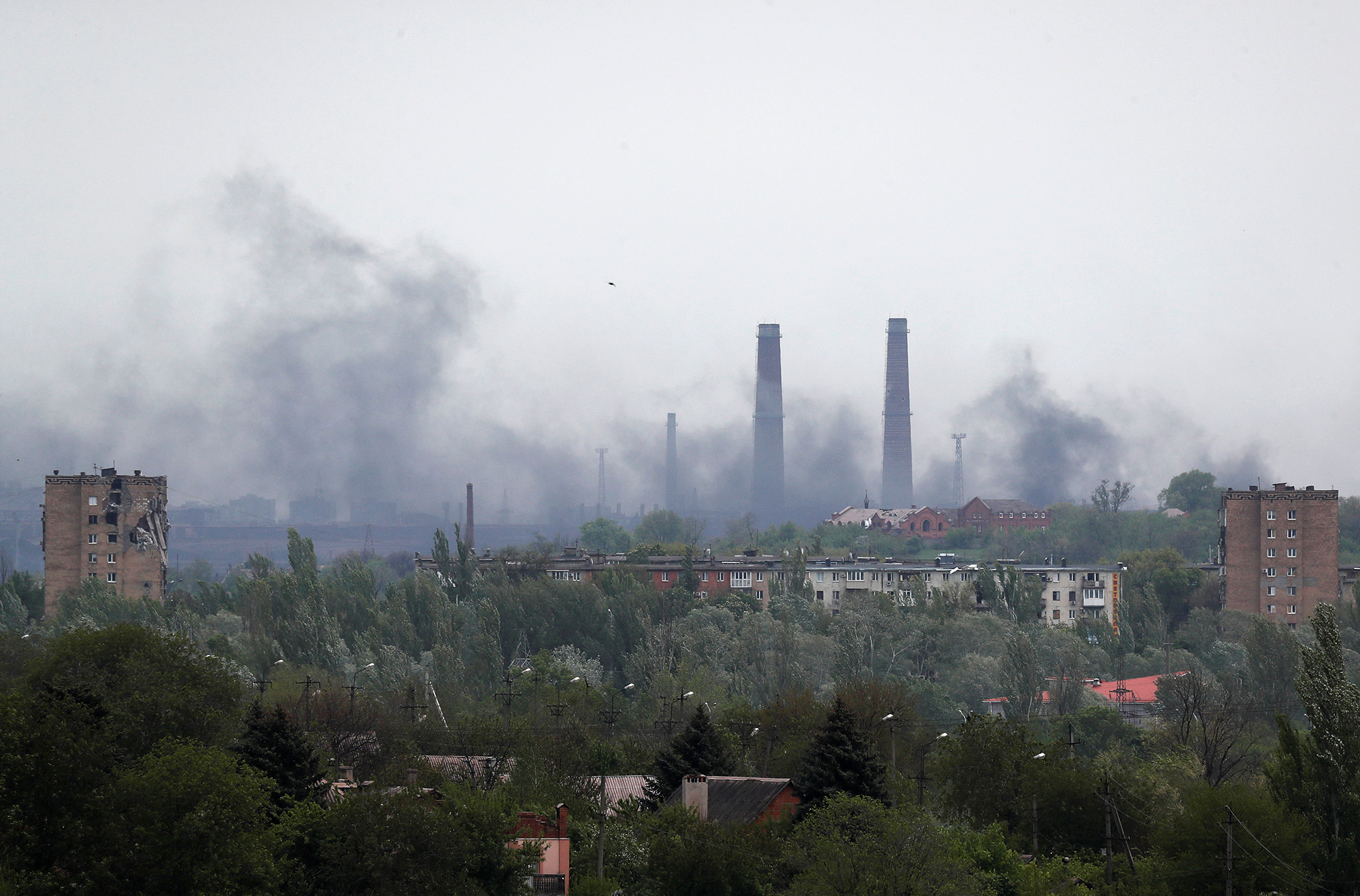 Smoke rises above the Azovstal steel plant in Mariupol, Ukraine, on May 13. 