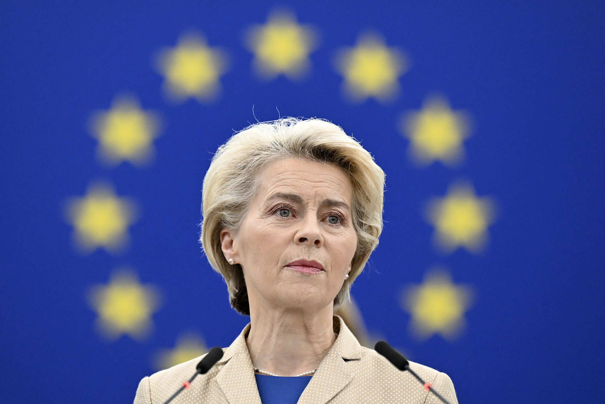 European Commission President Ursula von der Leyen speaks during a debate on the results of the war of aggression by Russia against Ukraine as part of a plenary session at the European Parliament in Strasbourg, eastern France, on February 15. 