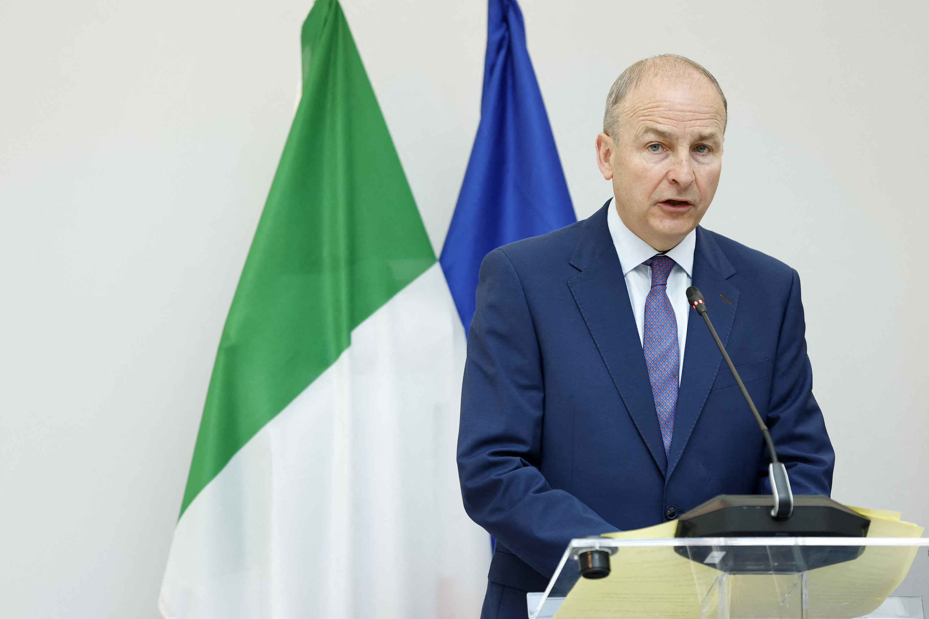 Irish Foreign minister Micheal Martin speaks during a joint press conference with his Spanish and Norwegian counterparts in Brussels on May 27.