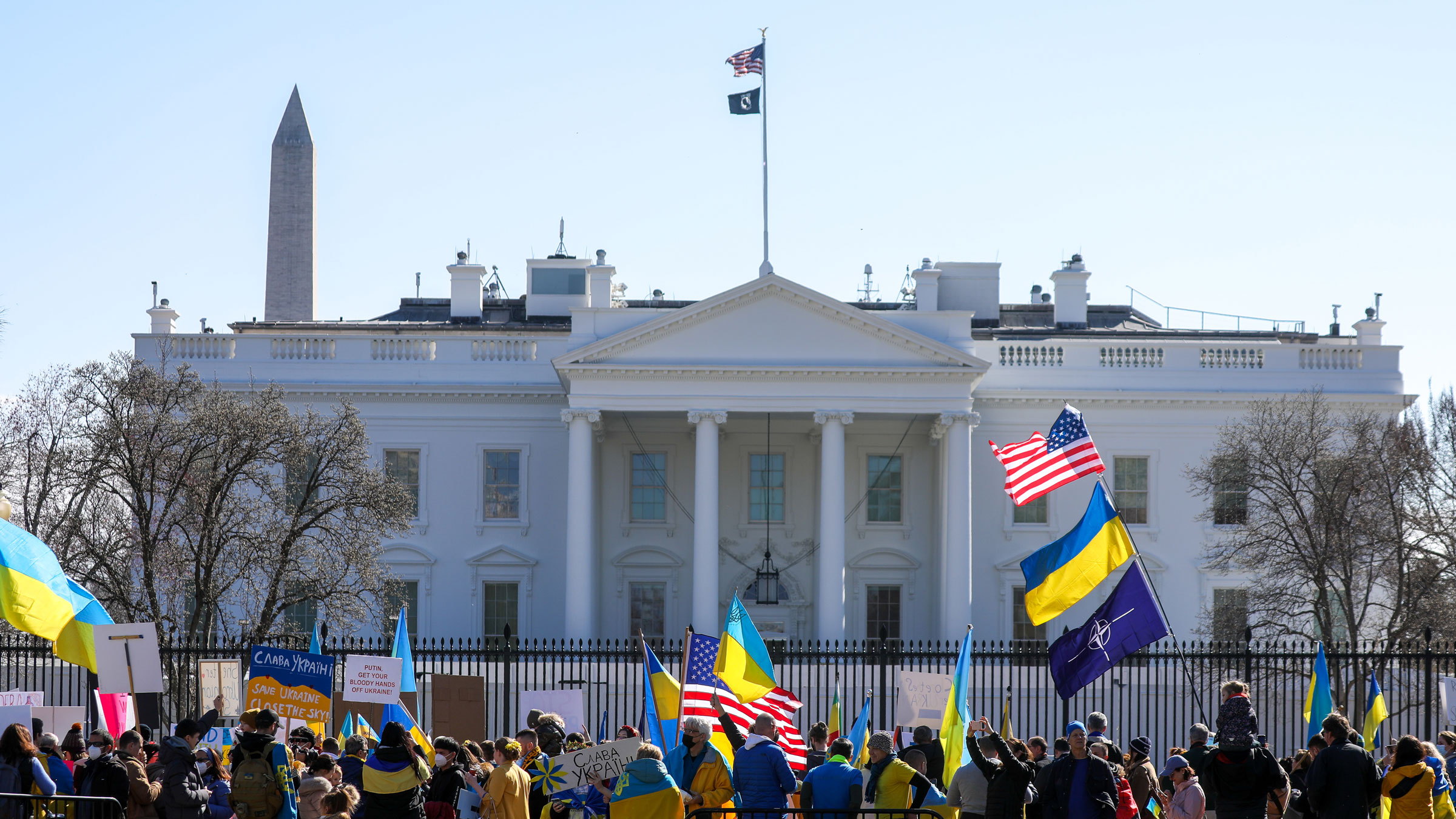 People gather in front of the White House on February 27 to protest Russia's invasion of Ukraine.