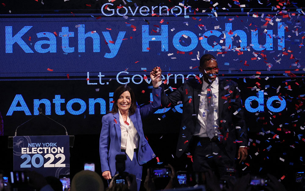 Hochul celebrates with Lieutenant Governor Antonio Delgado at a midterm election night party after winning re-election in New York on Tuesday, November 8.
