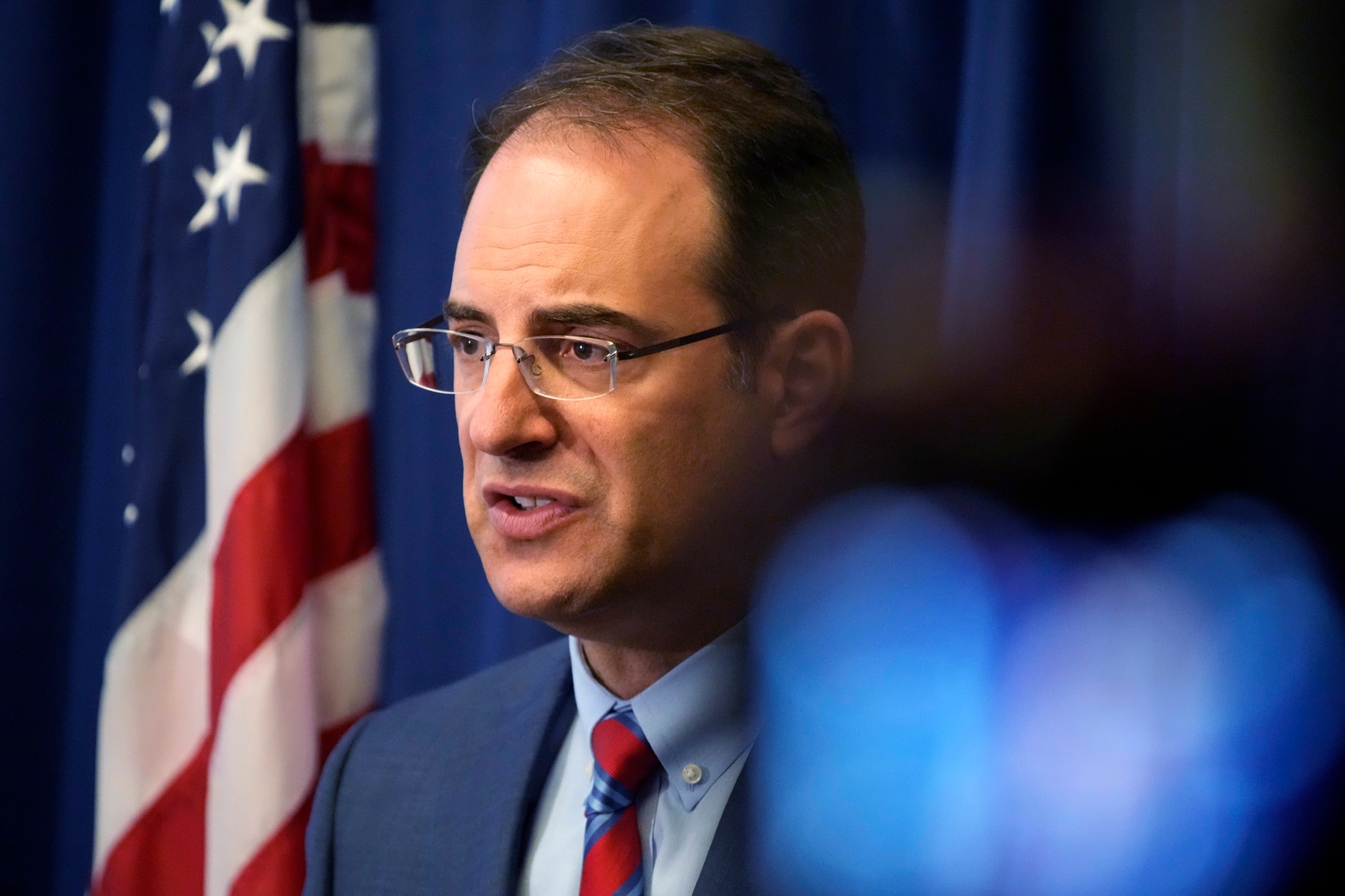 Colorado Attorney General Phil Weiser speaks at a news conference in Denver, Colorado on Wednesday, September 15, 2021.
