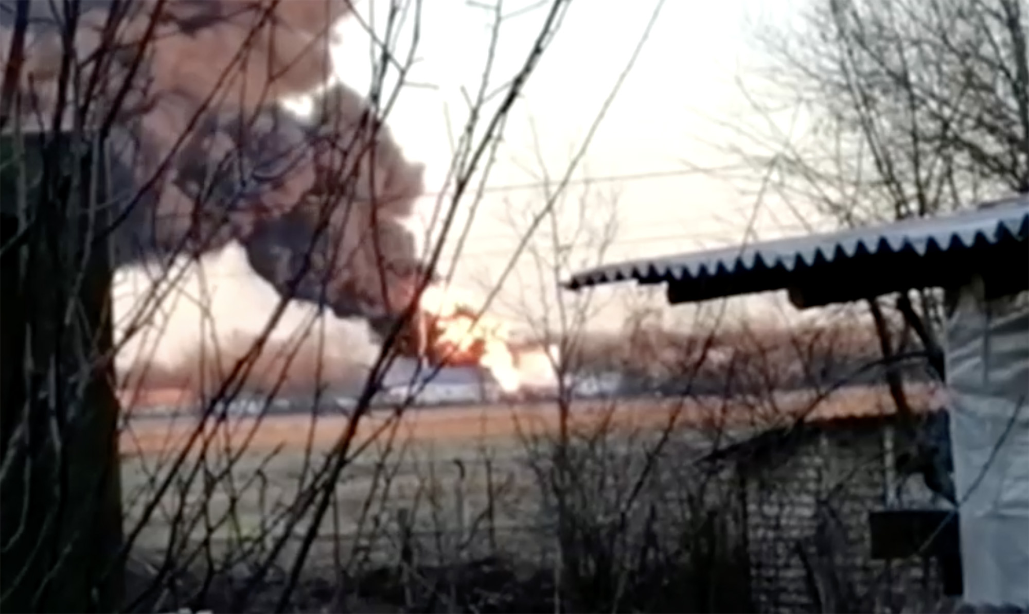 Russian media shows aftermath of alleged drone strike on oil tank at Kursk airfield on December 6.