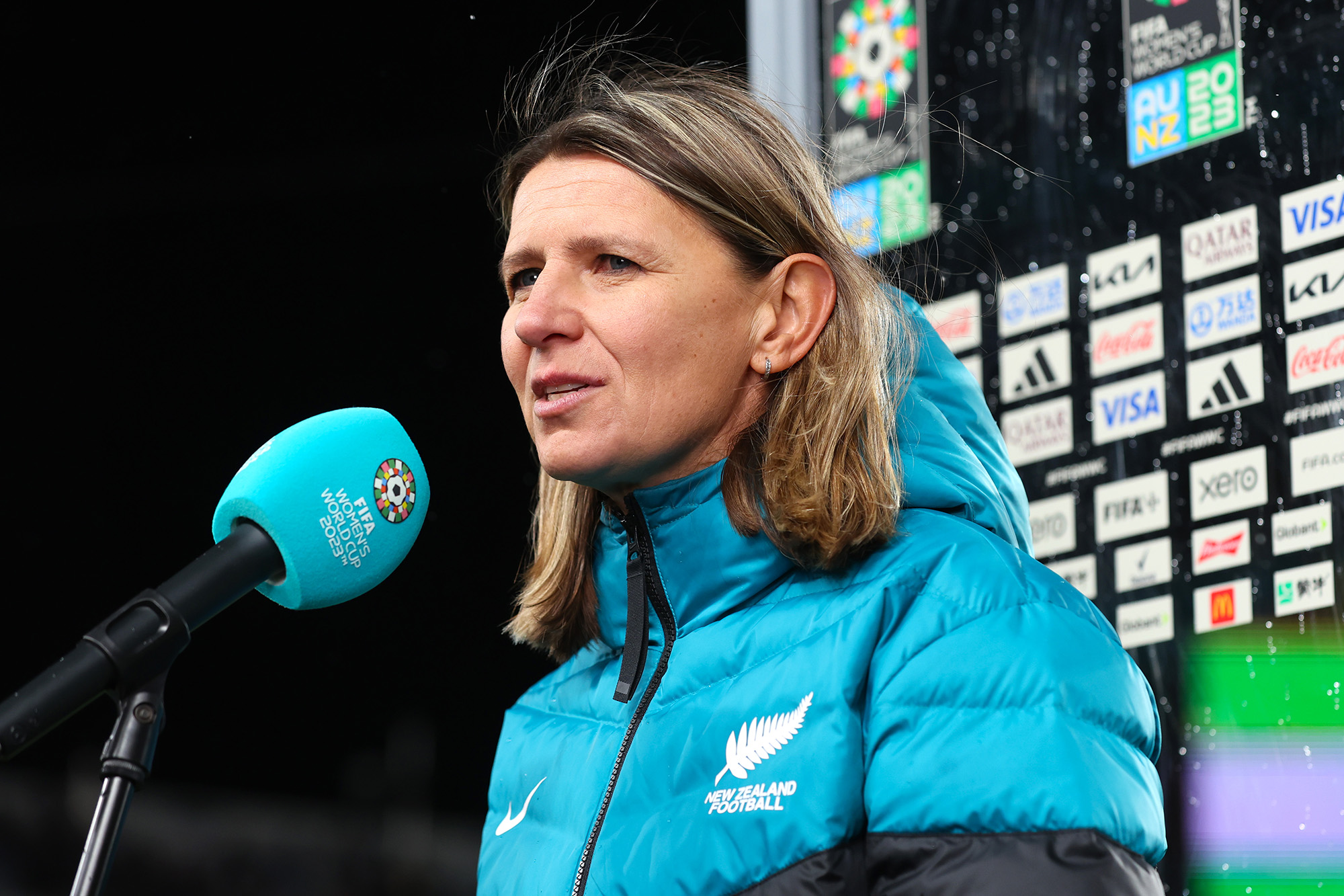 Jitka Klimkova, Head Coach of New Zealand, gives an interview after the team's 1-0 victory between New Zealand and Norway at Eden Park on July 20, in Auckland, New Zealand.
