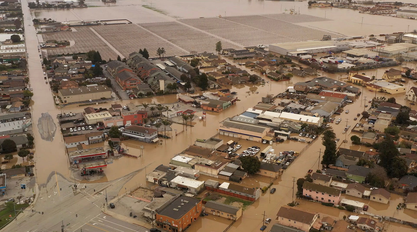 A general view shows flooded streets in Pajaro, California, on March 12. 
