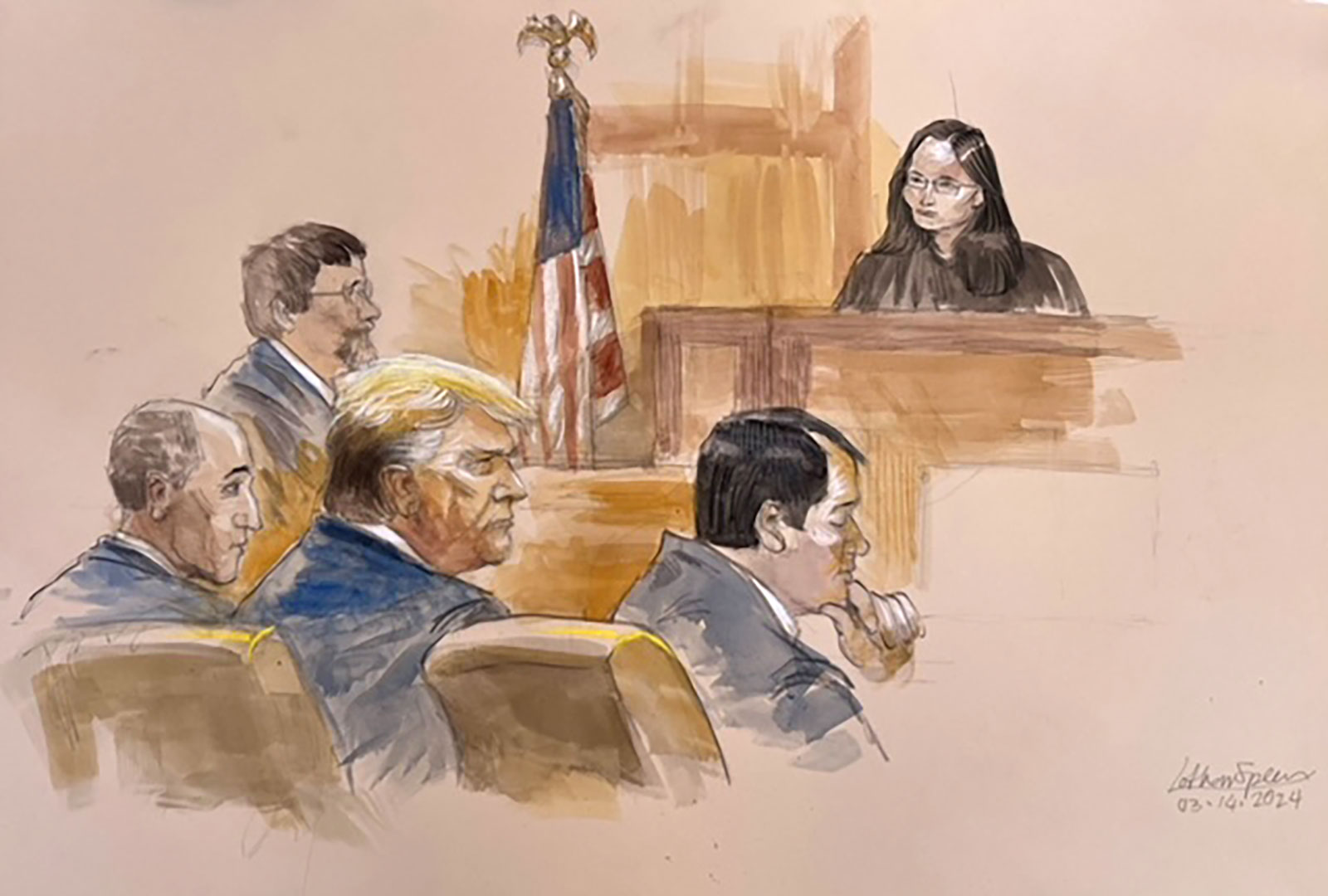 This court sketch shows former President Donald Trump in court with his lawyers and US District Court for the Southern District of Florida Aileen Cannon, upper right, during a hearing on Thursday, March 14. 