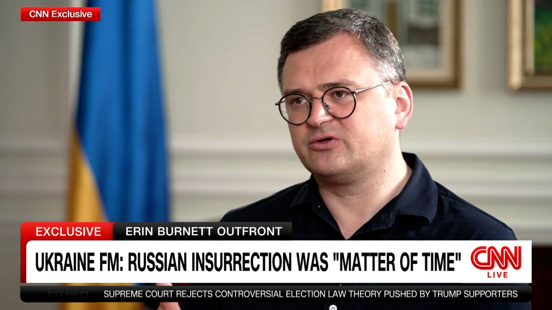 Ukrainian Foreign Minister Dmytro Kuleba speaks exclusively with CNN's Erin Burnett on June 27, 2023. 