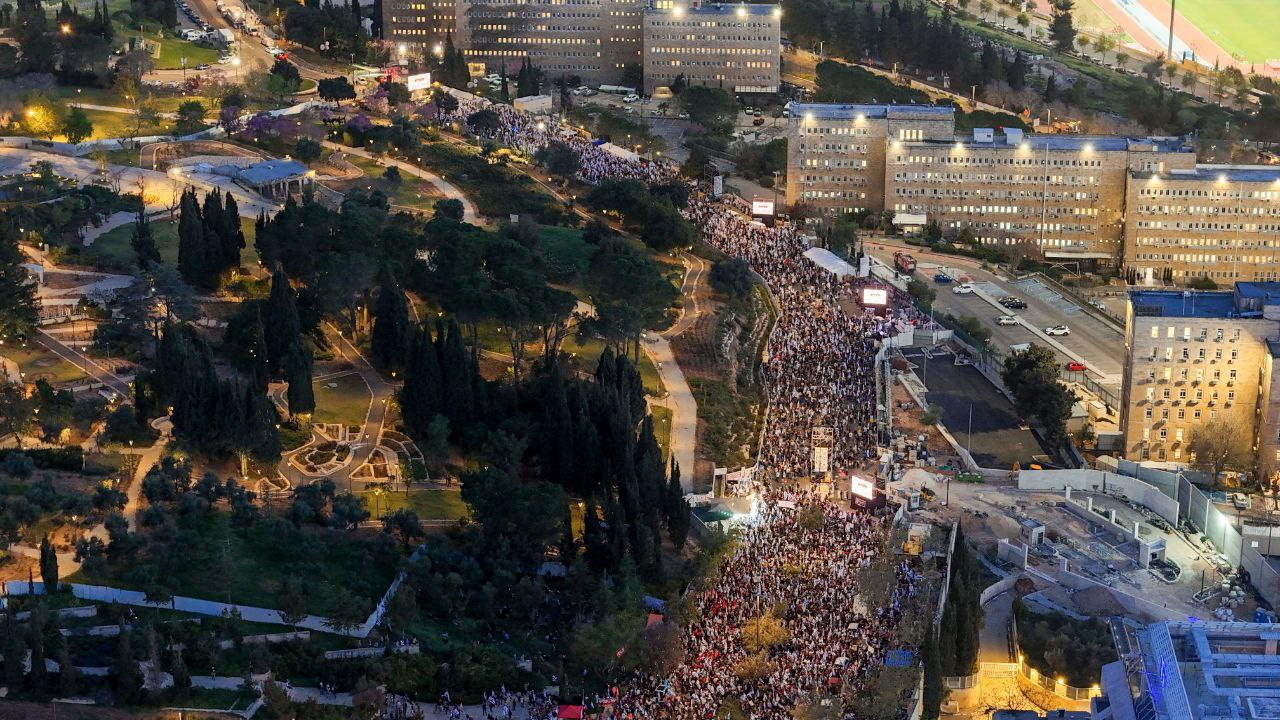 A drone view shows protesters calling for Israeli Prime Minister Benjamin Netanyahu's government to resign, near the Knesset, Israel’s parliament, in Jerusalem on March 31.