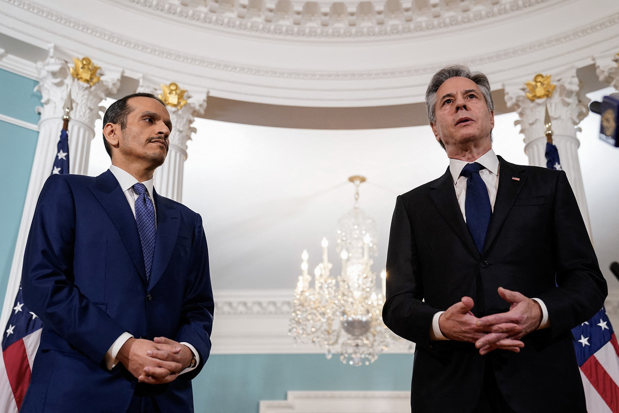 US Secretary of State Antony Blinken, right, and Qatari Prime Minister and Minister of Foreign Affairs Sheikh Mohammed bin Abdulrahman bin Jassim al-Thani speak to the press in the Treaty Room of the State Department in Washington, DC, on March 5.