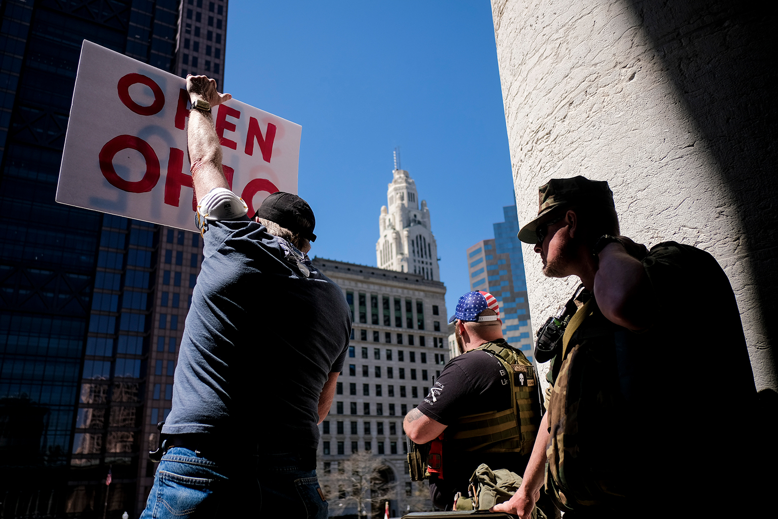 Protesters gather at the Ohio Statehouse to protest the 'Stay at Home' order on April 20, in Columbus, Ohio.