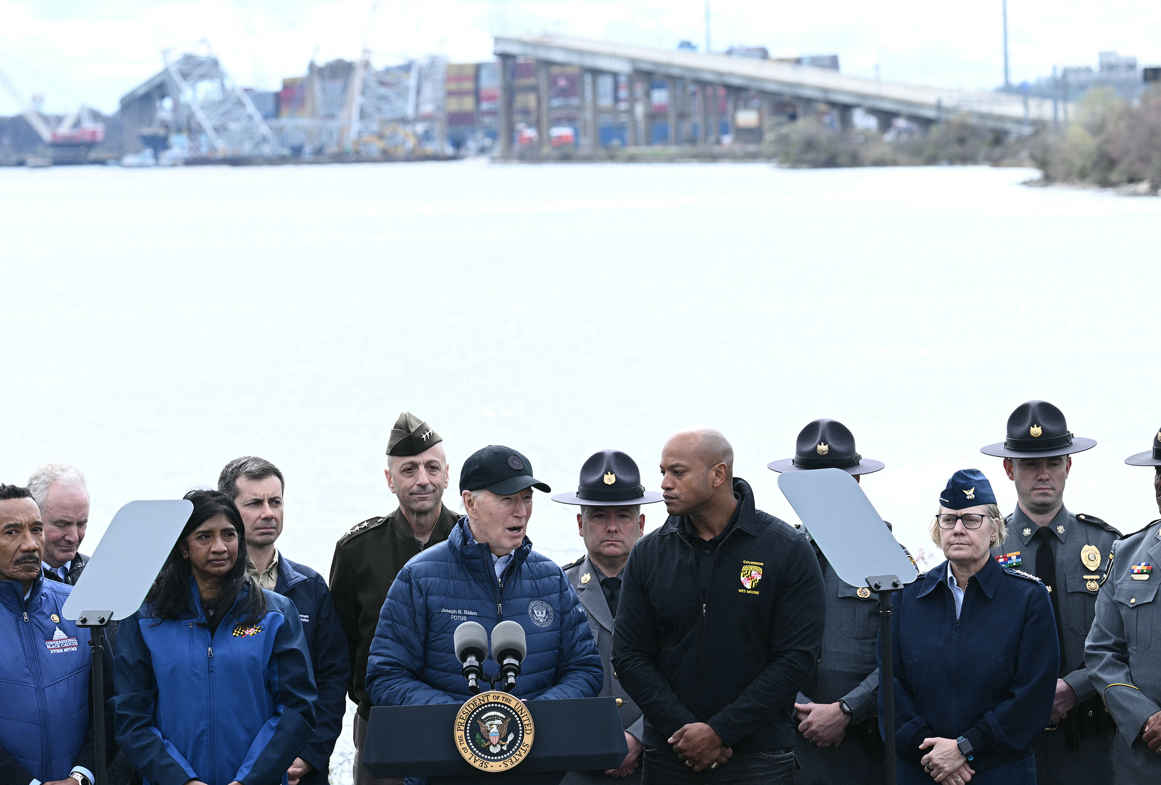President Joe Biden speaks about the collapse of the Francis Scott Key Bridge on Friday in Baltimore.