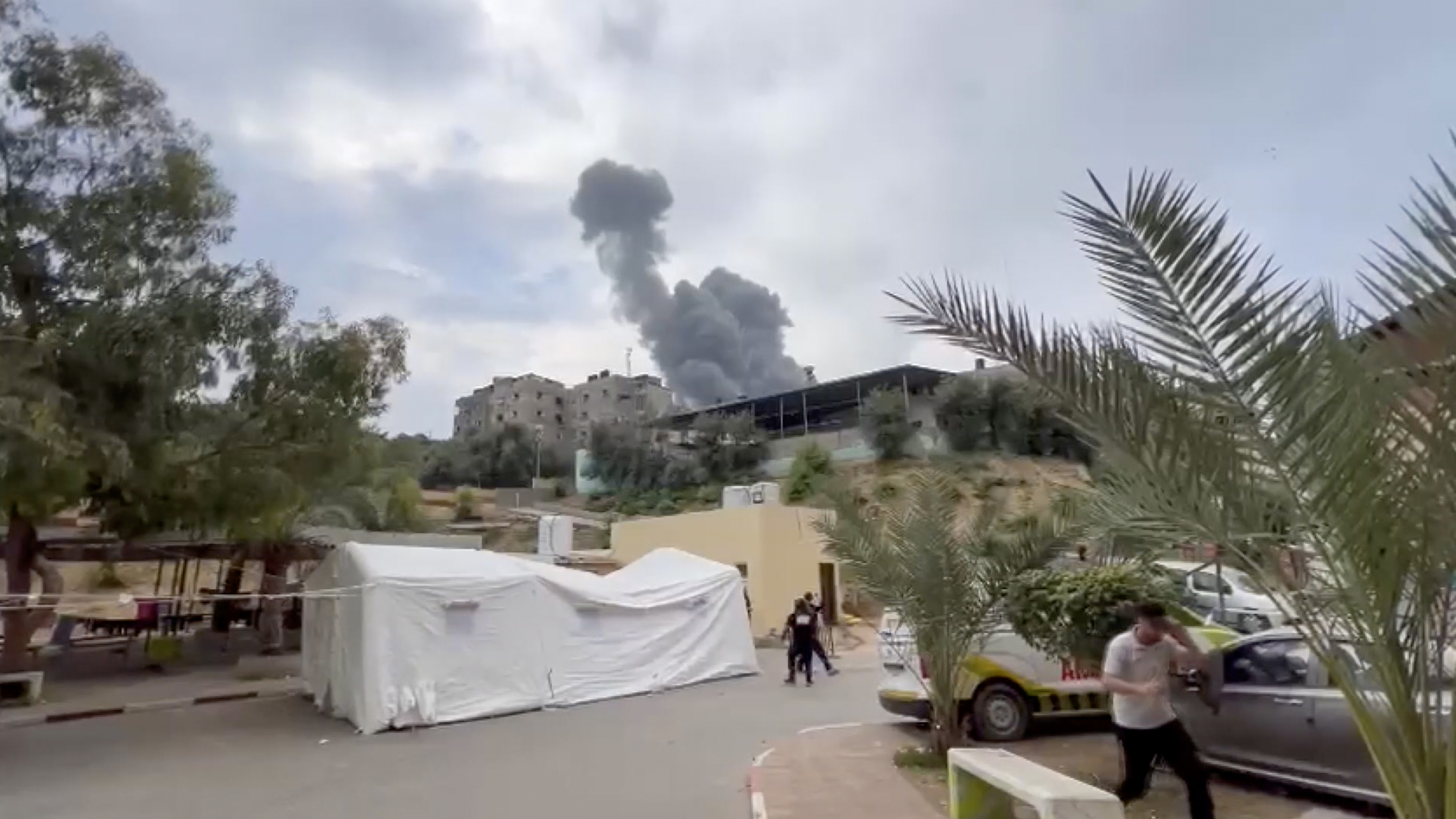 A screen grab captured from a video shows that smoke rises after Israeli airstrikes on Indonesian Hospital in Gaza City, Gaza on November 12.
