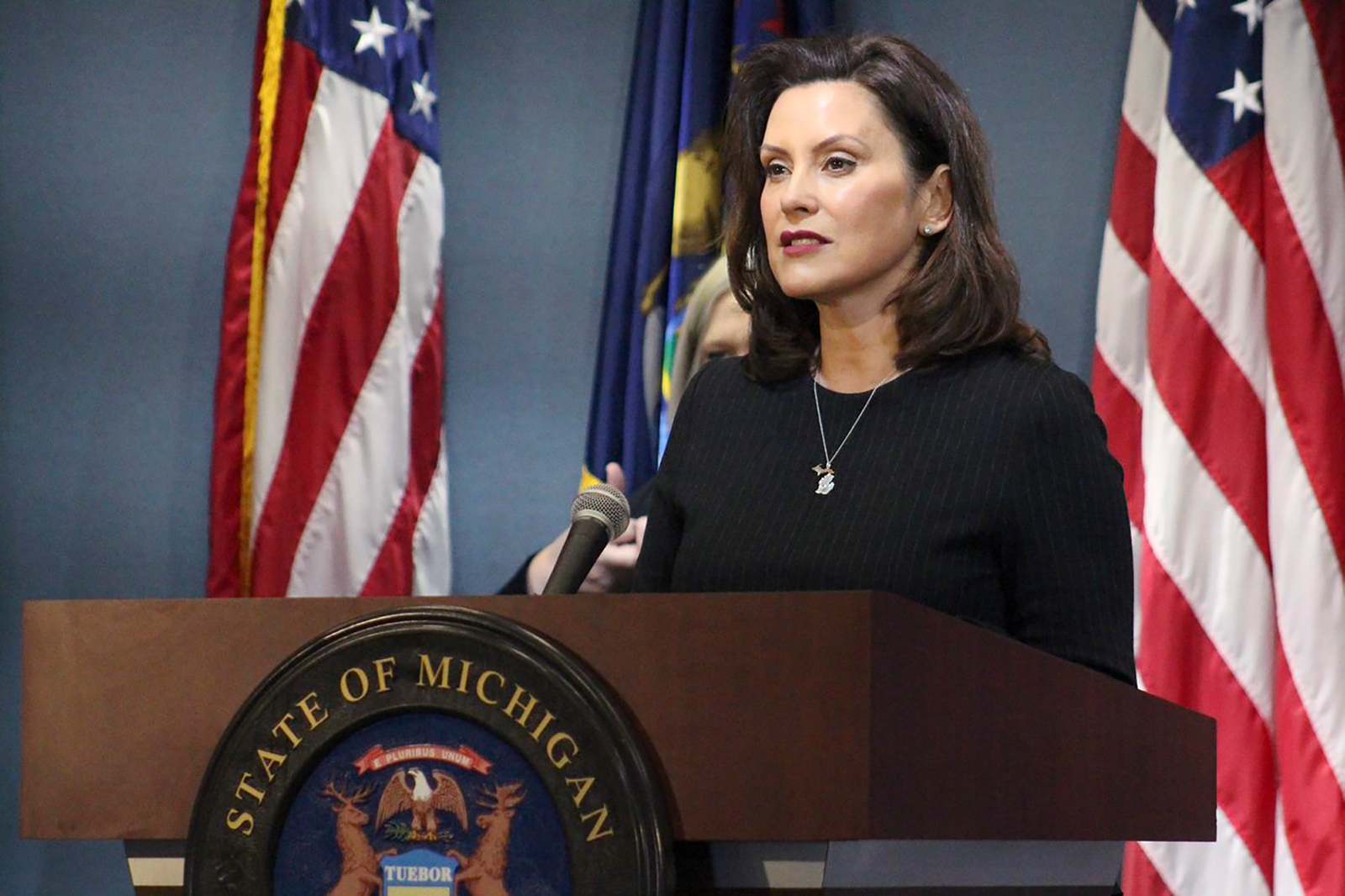 Gov. Gretchen Whitmer addresses the state during a speech in Lansing, Michigan on April 29.