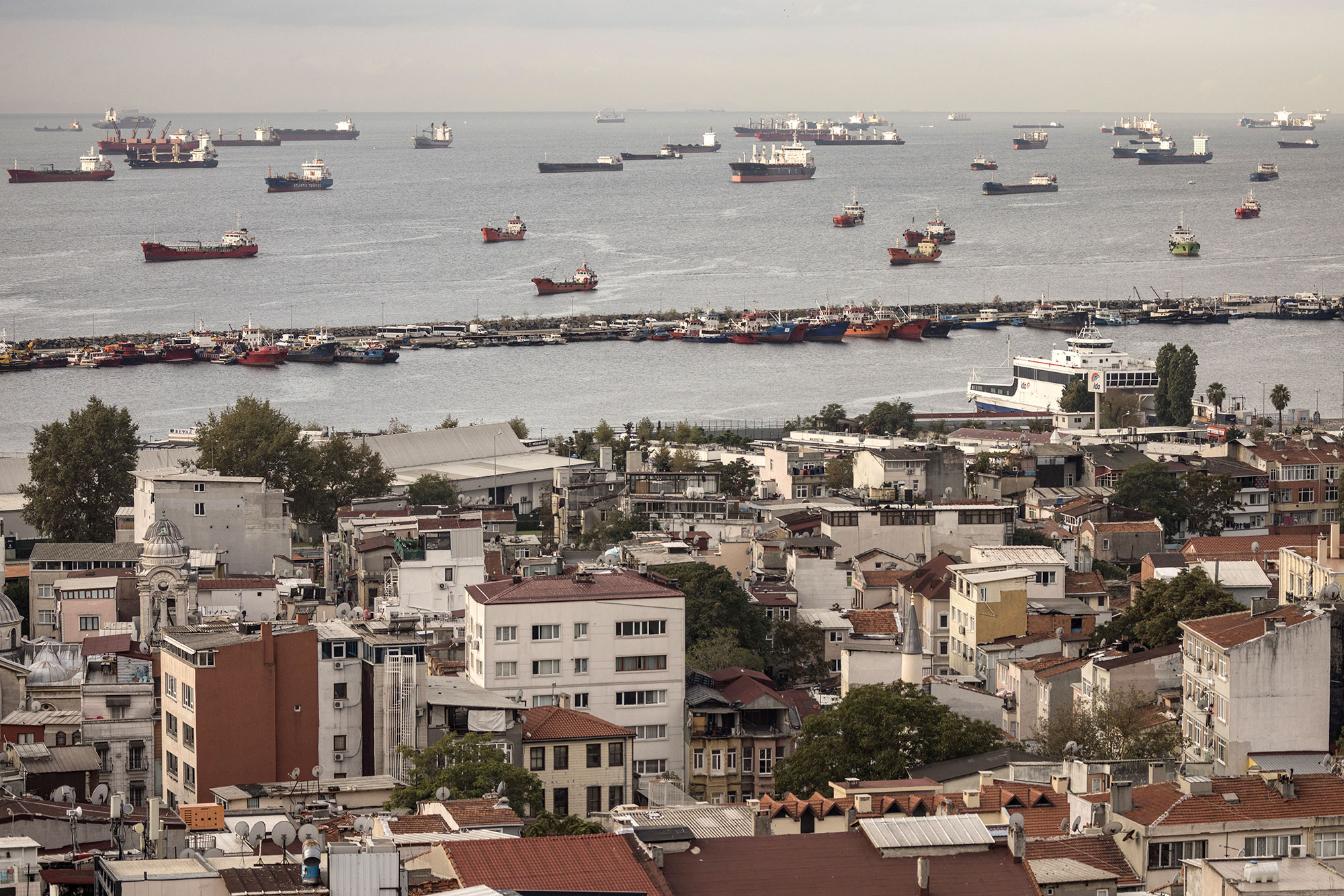 Ships, including those carrying grain from Ukraine, await inspections off the coast of Istanbul, Turkey, on October 14.