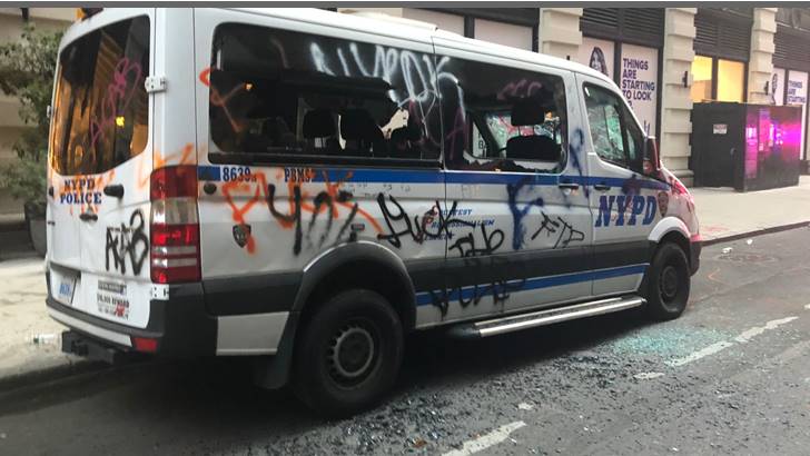 This NYPD van was vandalized and spray painted by protesters on May 30, 2020.