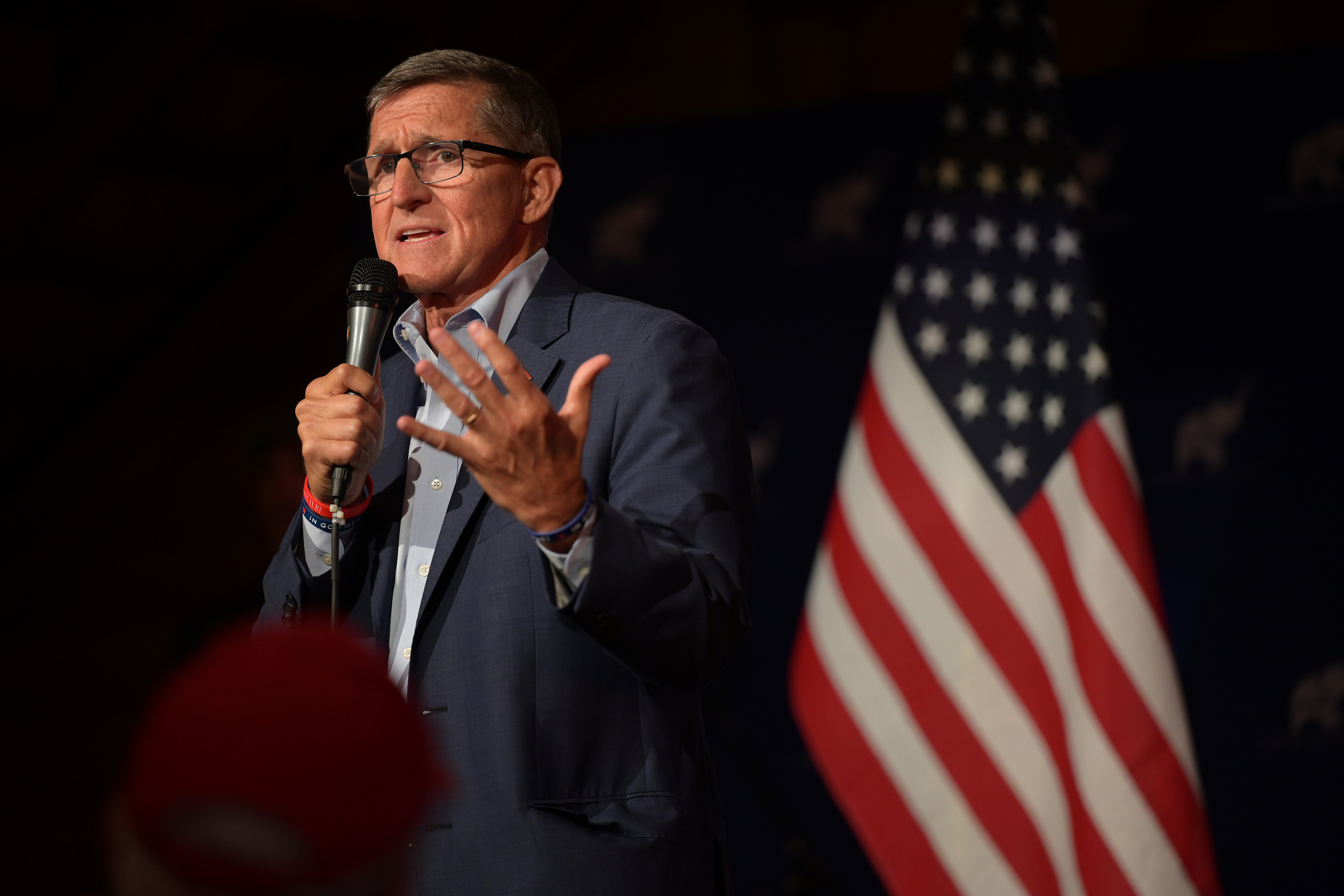 Michael Flynn, former President Donald Trump’s national security advisor, speaks at a campaign event on April 21, in Brunswick, Ohio.