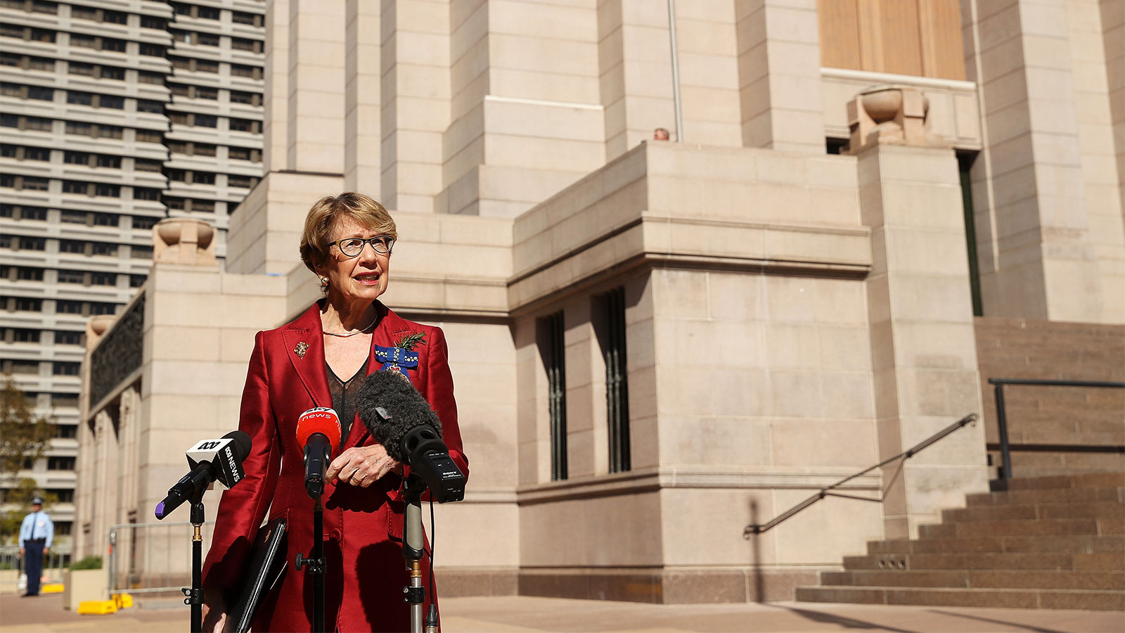 Margaret Beazley, Governor of New South Wales, speaks to the media in front of a near empty Anzac Memorial in Hyde Park in Sydney, Australia on April 25. 