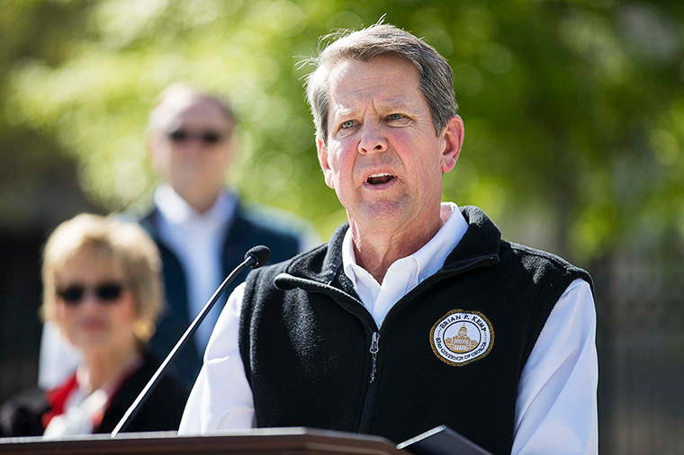 Georgia Gov. Brian Kemp speaks during a news conference in downtown Atlanta on April 1.