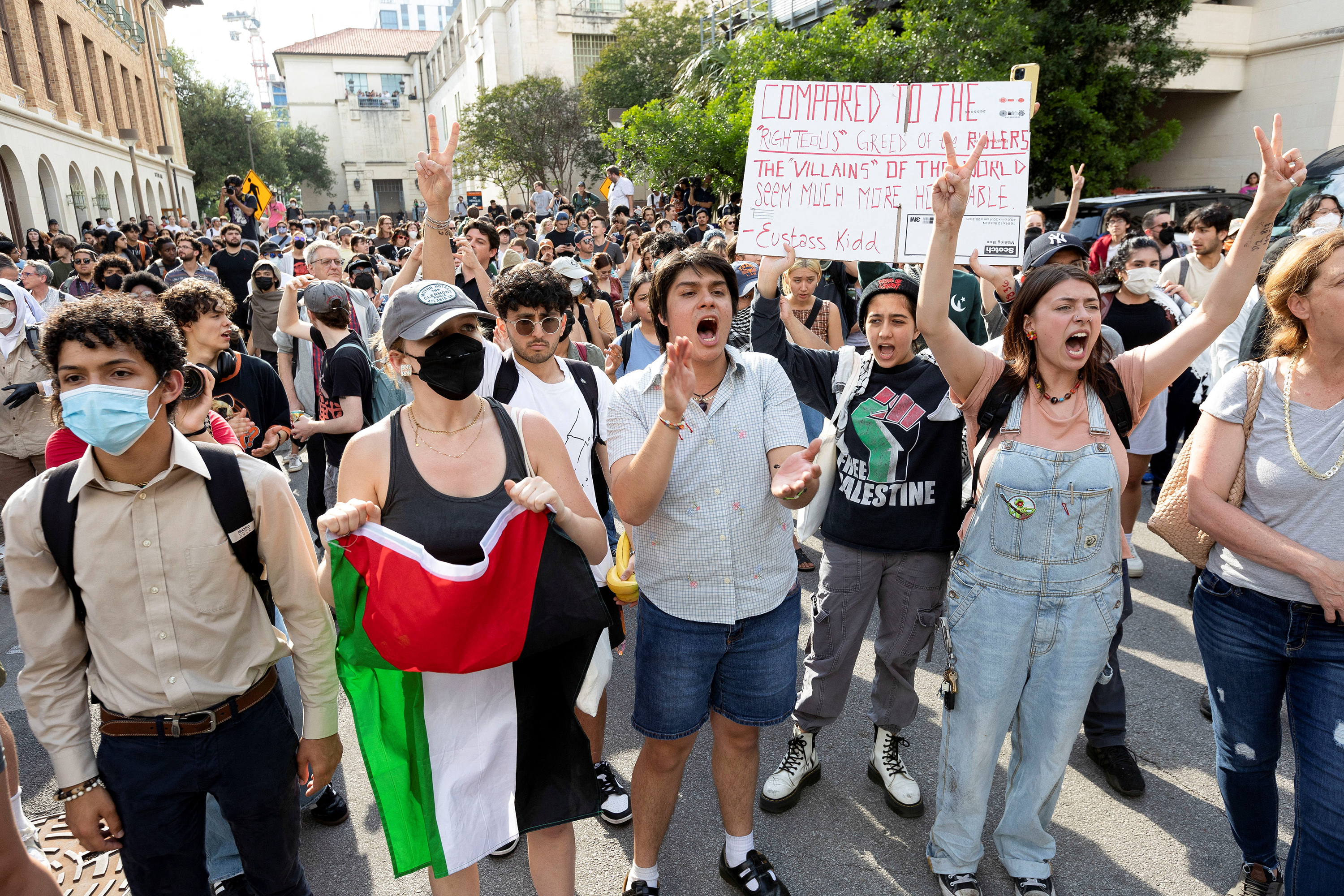 Pro-Palestinian protesters demonstrate at the University of Texas on April 24, in Austin, Texas.