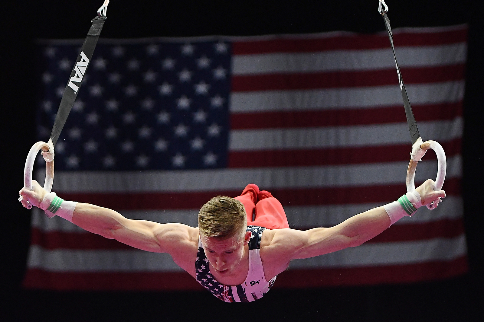 Shane Wiskus of the United States competes on the rings during the 2020 American Cup at Fiserv Forum on March 7, in Milwaukee, Wisconsin. 