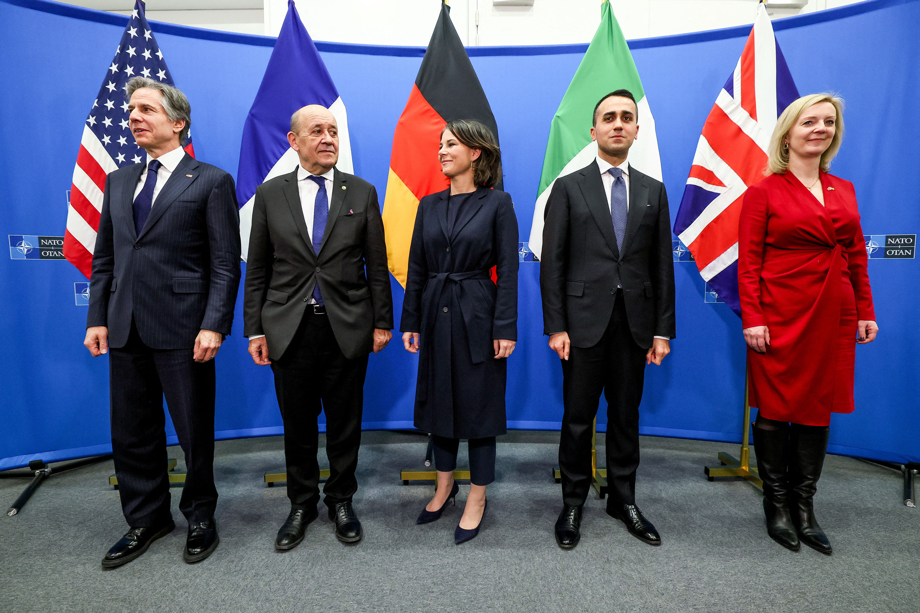 Left to right: US Secretary of State Antony Blinken, French Foreign Minister Jean-Yves Le Drian, German Foreign Minister Annalena Baerbock, Italian Foreign Minister Luigi Di Maio and British Foreign Secretary Liz Truss pose for a photo at NATO headquarters in Brussels on April 6.